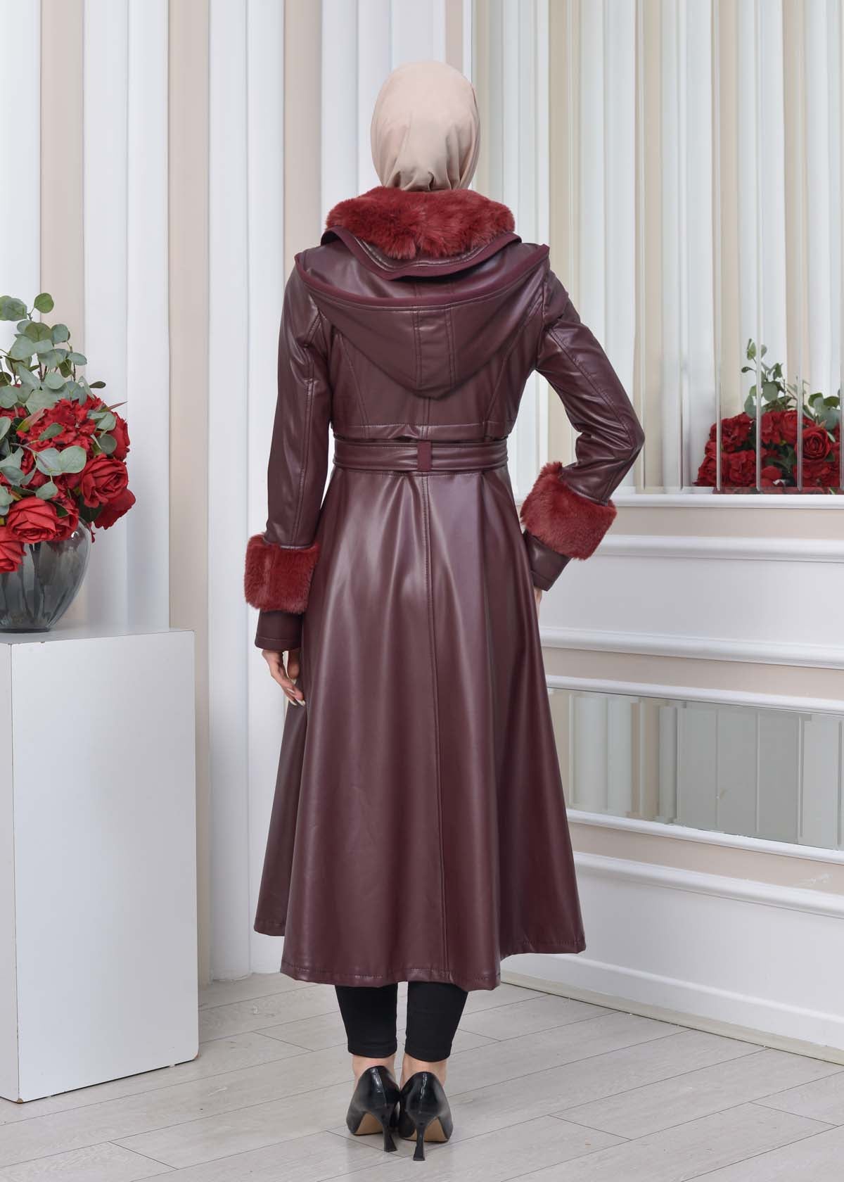 Eleganter Double-Cloche Leder-Trenchcoat mit Kaninchenfell-Futter 1350 - Bordeaux