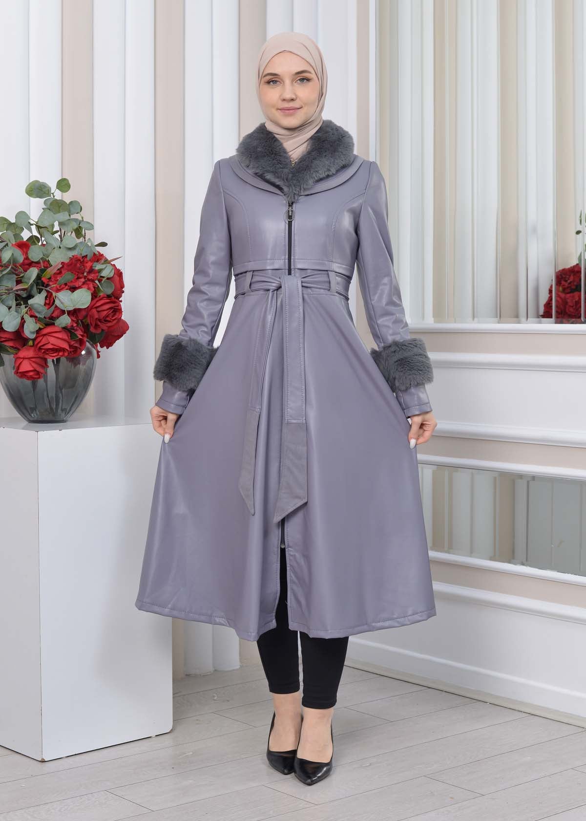 Eleganter Double-Cloche Leder-Trenchcoat mit Kaninchenfell-Futter 1350 - Grau