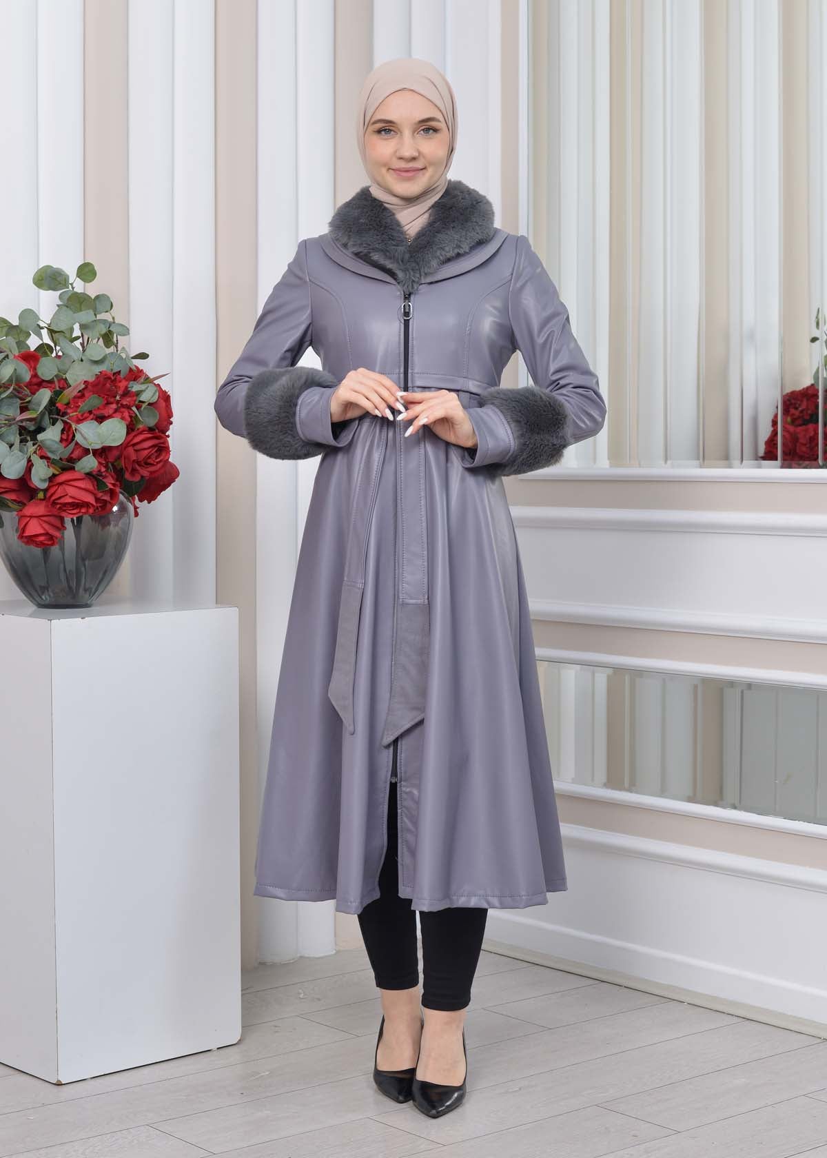 Eleganter Double-Cloche Leder-Trenchcoat mit Kaninchenfell-Futter 1350 - Grau