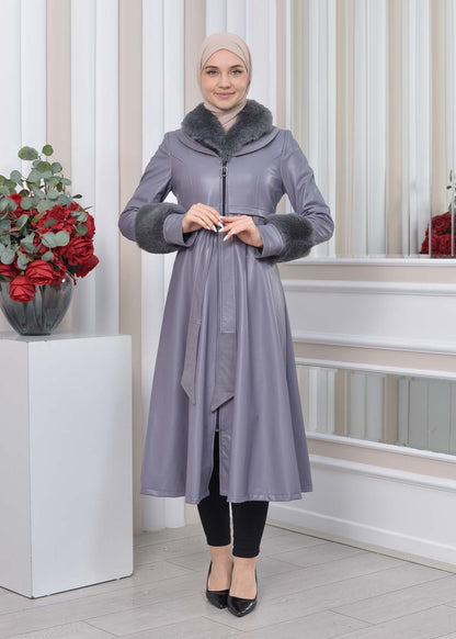 Eleganter Double-Cloche Leder-Trenchcoat mit Kaninchenfell-Futter 1350 - Grau