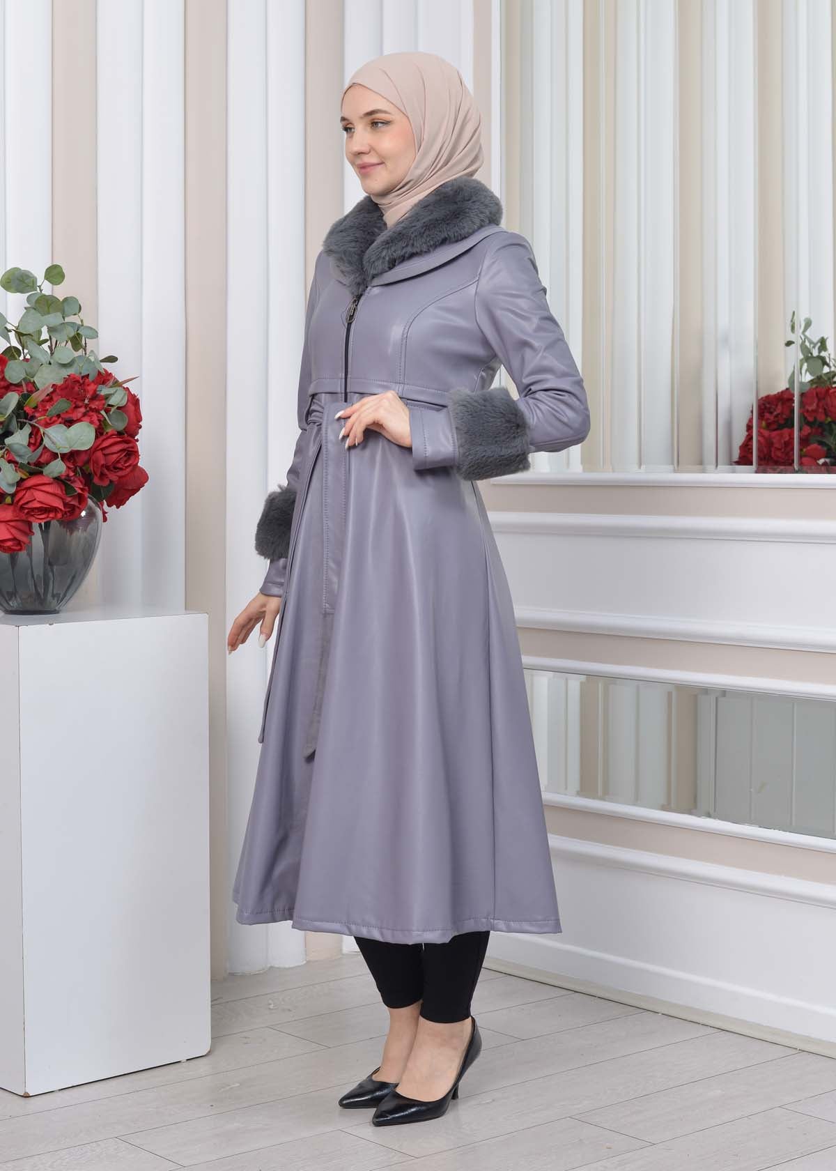 Eleganter Double-Cloche Leder-Trenchcoat mit Kaninchenfell-Futter 1350 - Grau