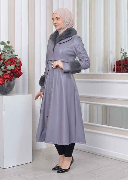 Eleganter Double-Cloche Leder-Trenchcoat mit Kaninchenfell-Futter 1350 - Grau