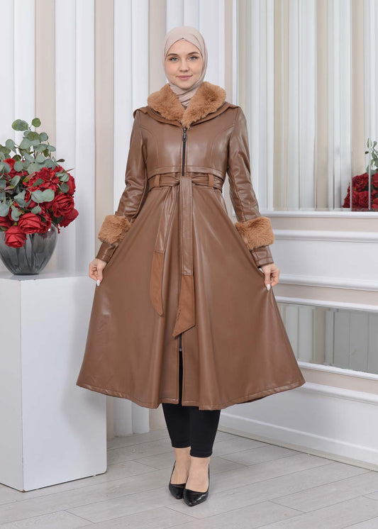 Eleganter Double-Cloche Leder-Trenchcoat mit Kaninchenfell-Futter 1350 - Cognac
