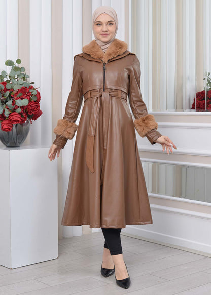 Eleganter Double-Cloche Leder-Trenchcoat mit Kaninchenfell-Futter 1350 - Cognac