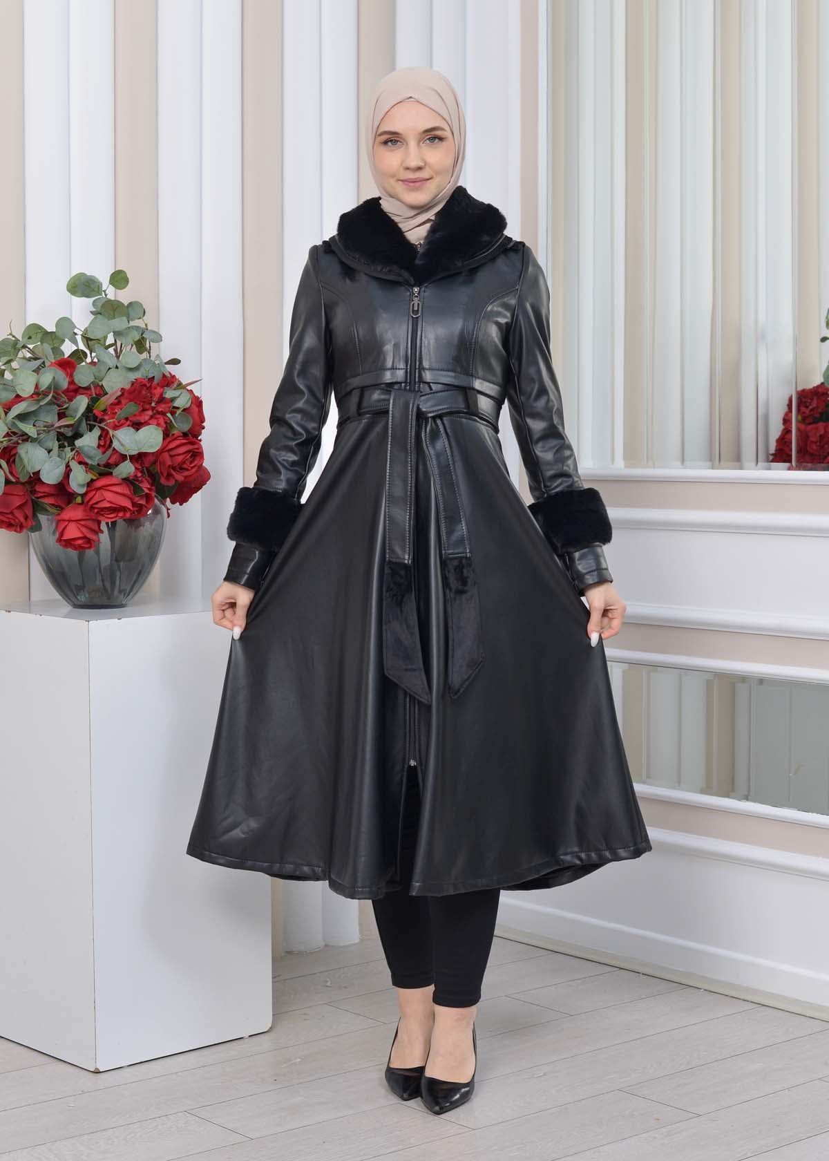 Eleganter Double-Cloche Leder-Trenchcoat mit Kaninchenfell-Futter 1350 - Schwarz