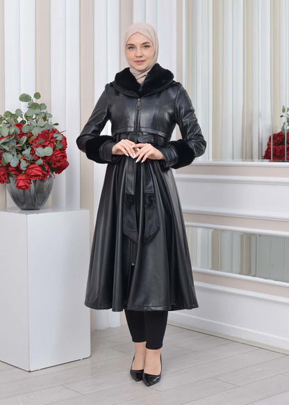 Eleganter Double-Cloche Leder-Trenchcoat mit Kaninchenfell-Futter 1350 - Schwarz