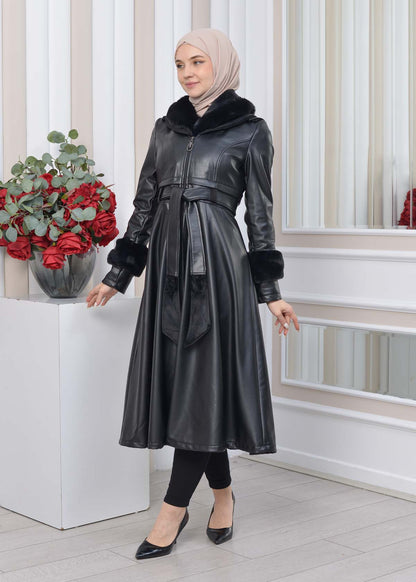 Eleganter Double-Cloche Leder-Trenchcoat mit Kaninchenfell-Futter 1350 - Schwarz