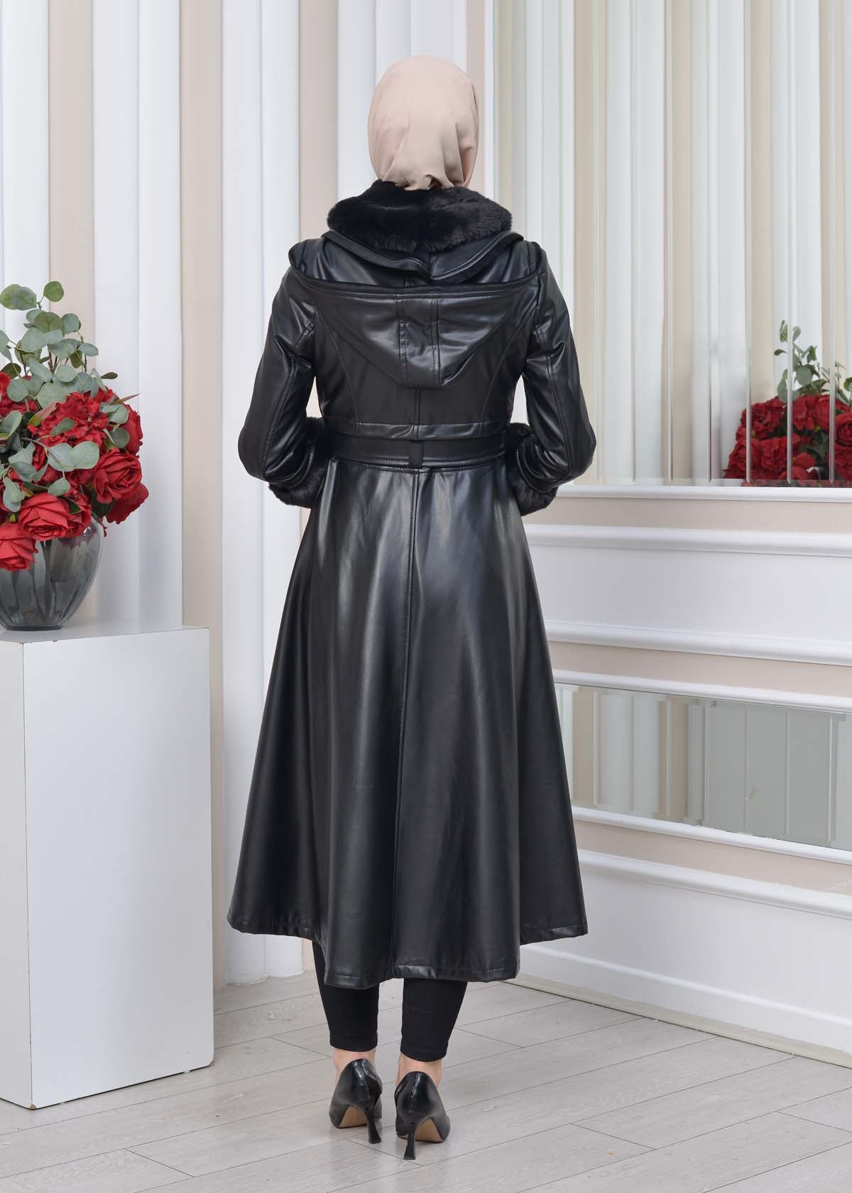 Eleganter Double-Cloche Leder-Trenchcoat mit Kaninchenfell-Futter 1350 - Schwarz