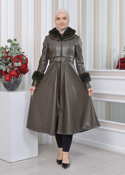 Eleganter Double-Cloche Leder-Trenchcoat mit Kaninchenfell-Futter 1350 - Khaki