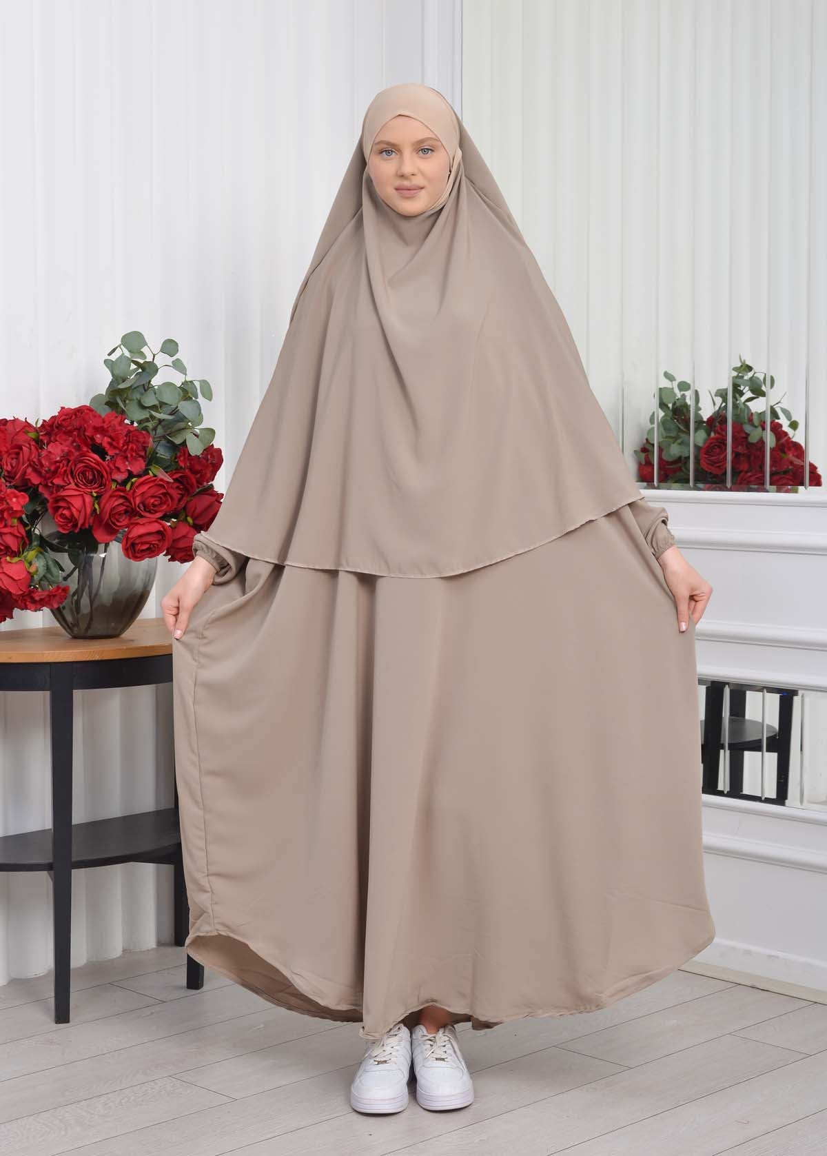 Muslim Wear Hijab Dresses , Womens Clothes Butterfly Hijab Set 2 Pieces 826 - Hellbraun