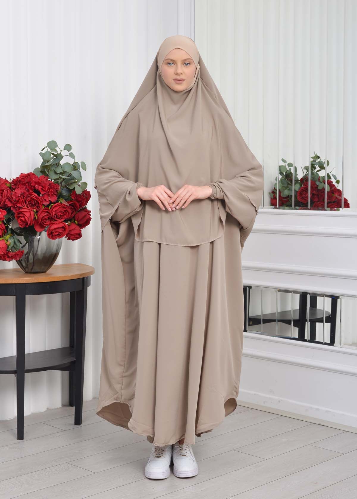 Muslim Wear Hijab Dresses , Womens Clothes Butterfly Hijab Set 2 Pieces 826 - Hellbraun