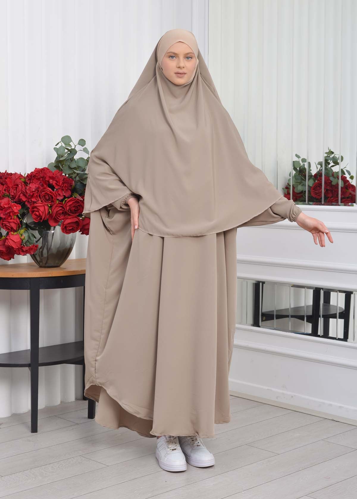 Muslim Wear Hijab Dresses , Womens Clothes Butterfly Hijab Set 2 Pieces 826 - Hellbraun