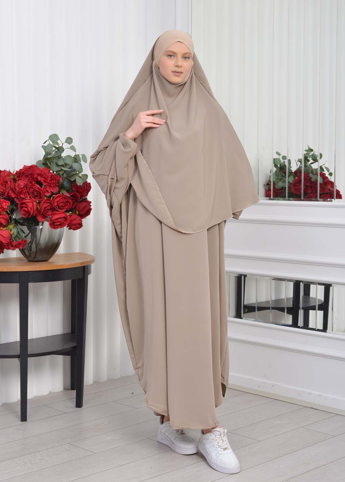 Muslim Wear Hijab Dresses , Womens Clothes Butterfly Hijab Set 2 Pieces 826 - Hellbraun