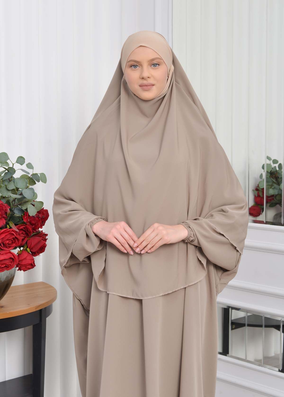Muslim Wear Hijab Dresses , Womens Clothes Butterfly Hijab Set 2 Pieces 826 - Hellbraun