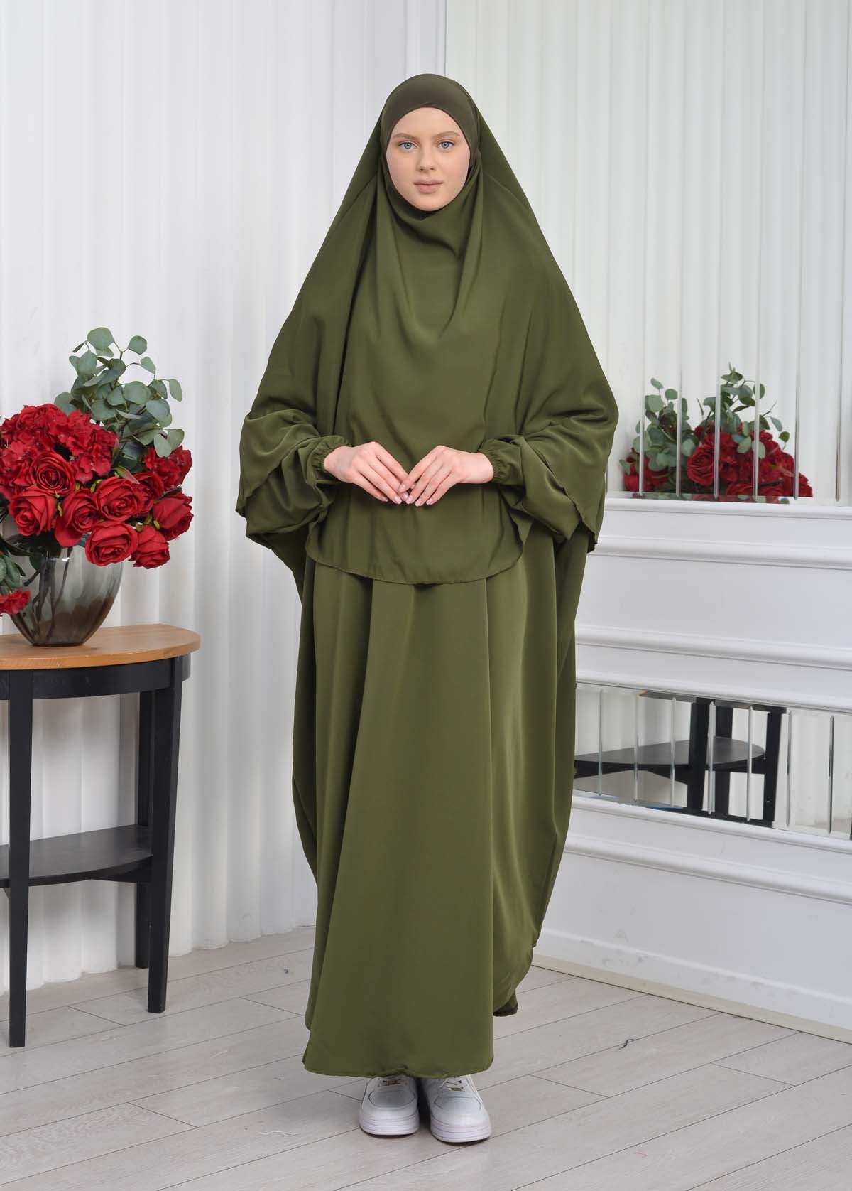 Muslim Wear Hijab Dresses , Womens Clothes Butterfly Hijab Set 2 Pieces 826 - Khaki
