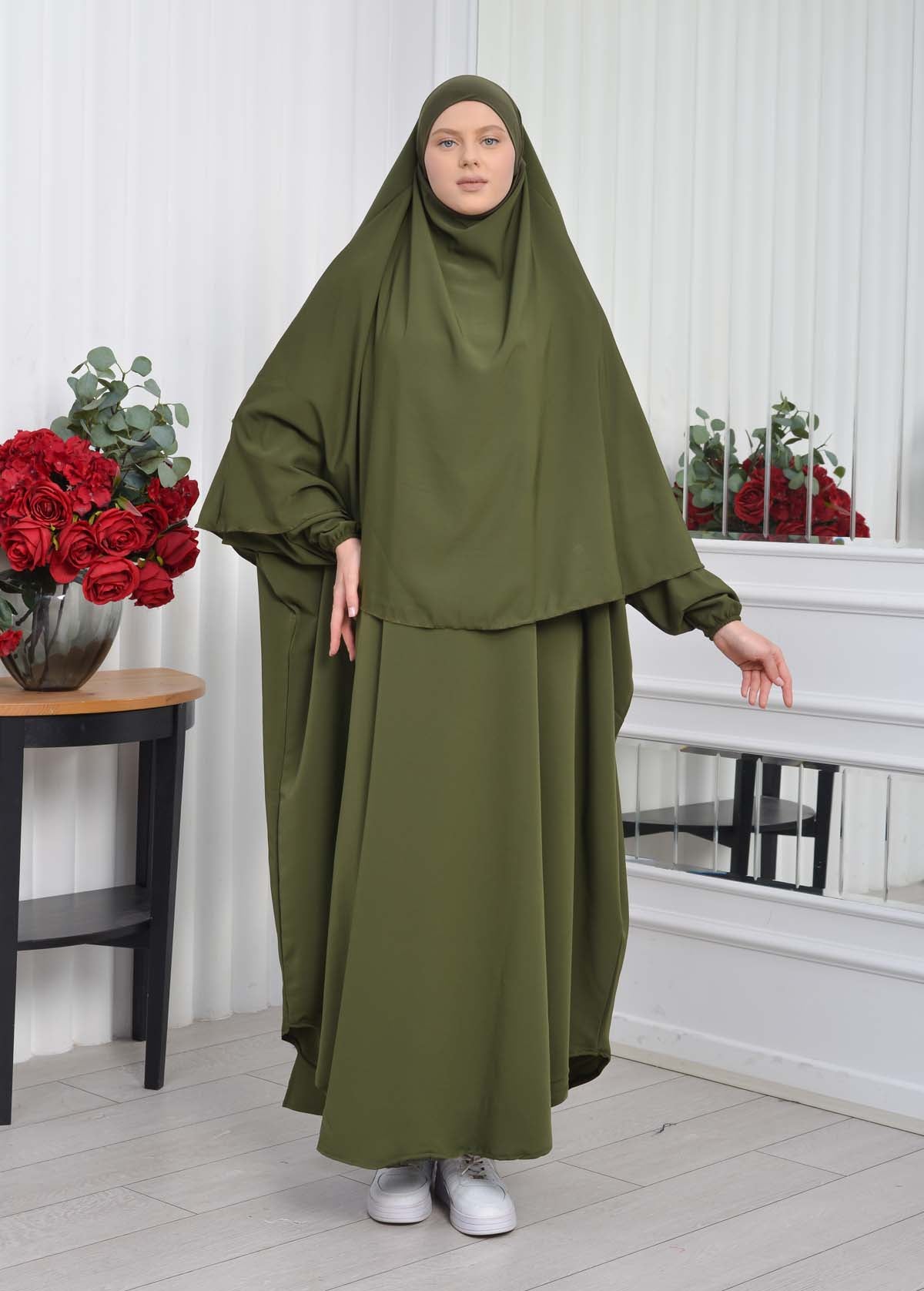 Muslim Wear Hijab Dresses , Womens Clothes Butterfly Hijab Set 2 Pieces 826 - Khaki