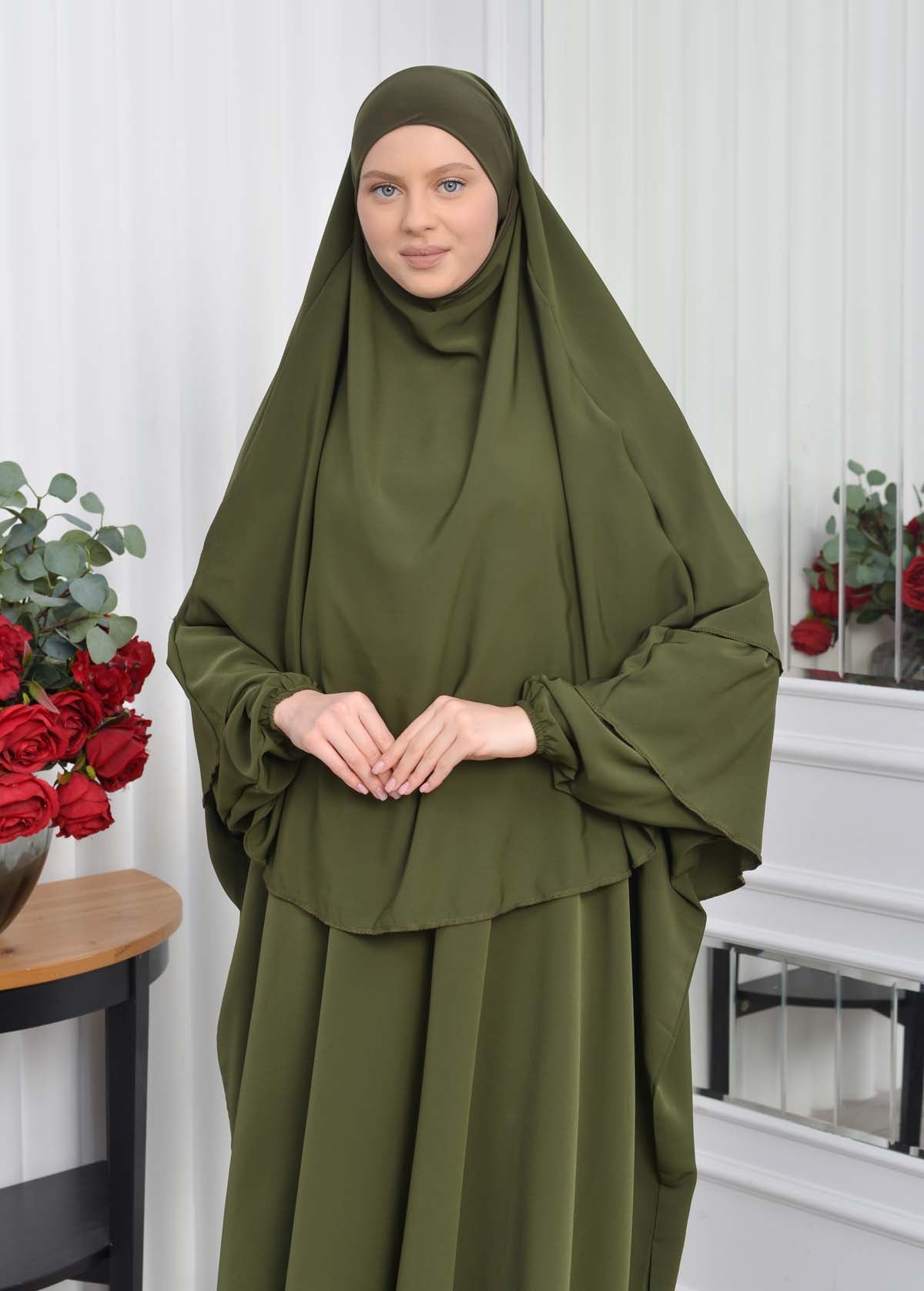Muslim Wear Hijab Dresses , Womens Clothes Butterfly Hijab Set 2 Pieces 826 - Khaki