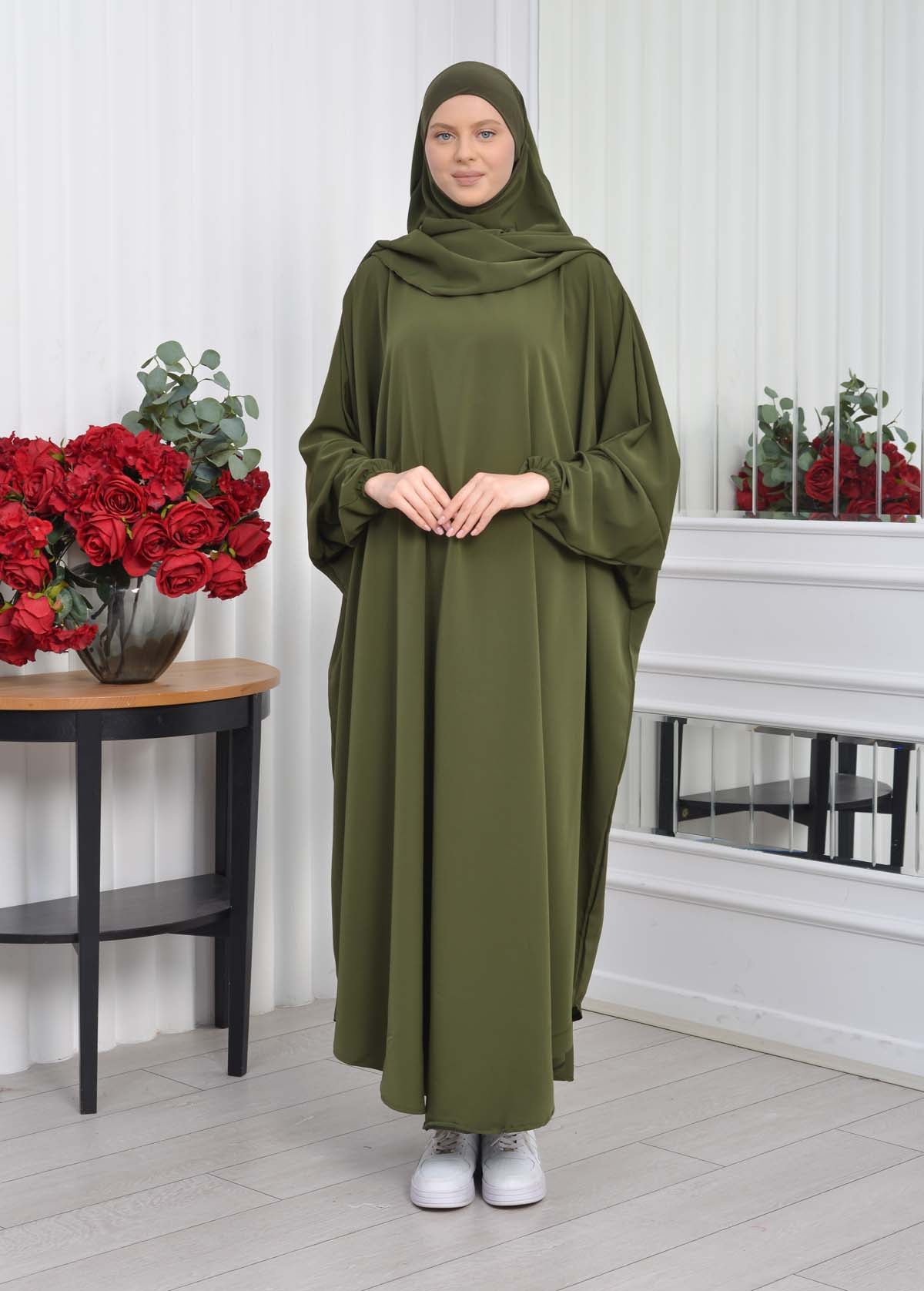 Muslim Wear Hijab Dresses , Womens Clothes Butterfly Hijab Set 2 Pieces 826 - Khaki