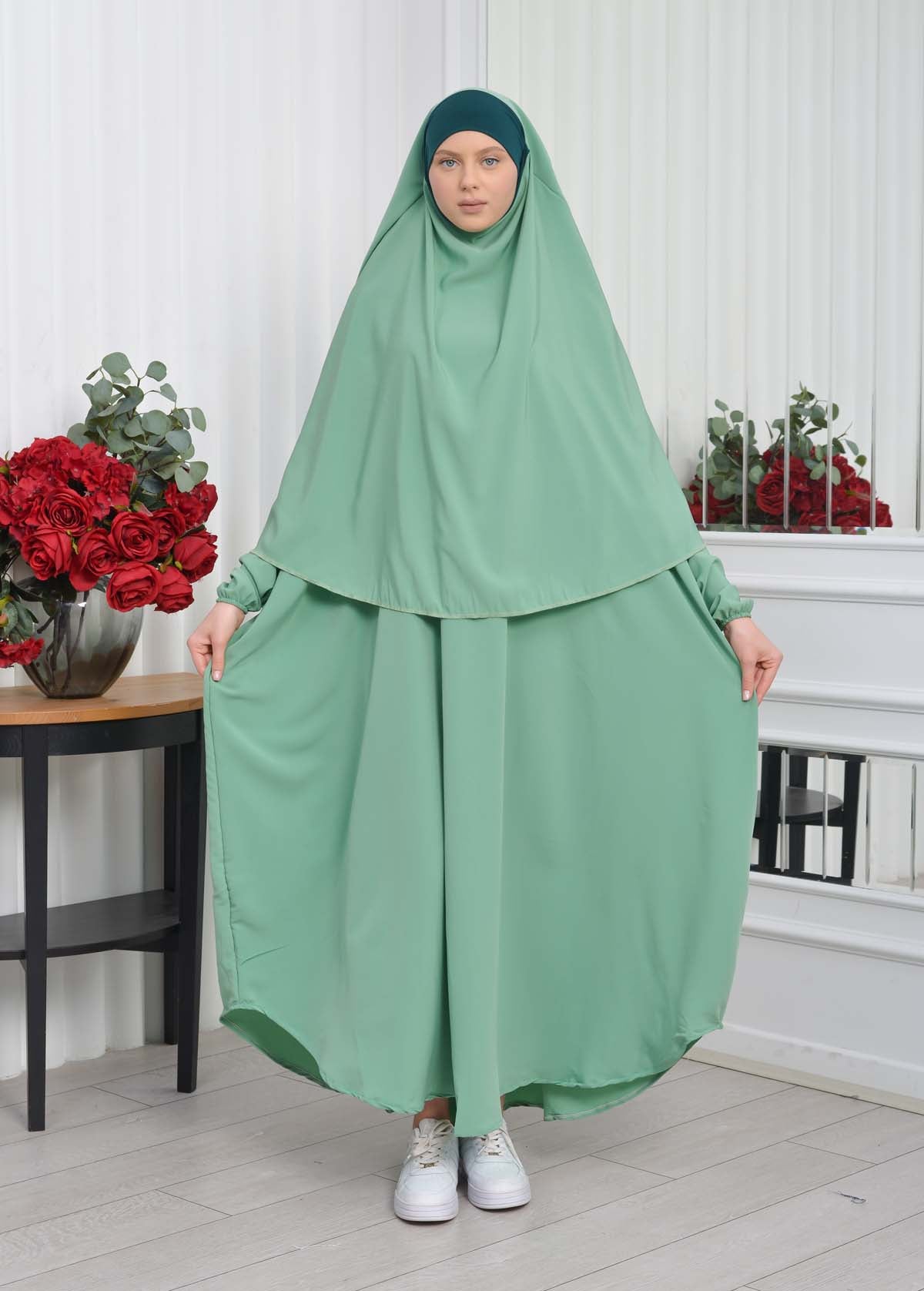 Muslim Wear Hijab Dresses , Womens Clothes Butterfly Hijab Set 2 Pieces 826 - Mint