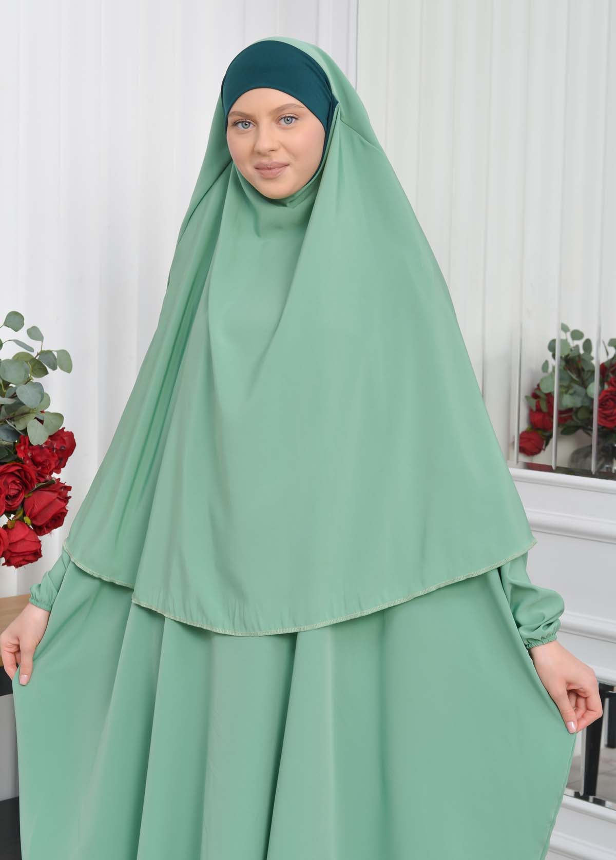 Muslim Wear Hijab Dresses , Womens Clothes Butterfly Hijab Set 2 Pieces 826 - Mint