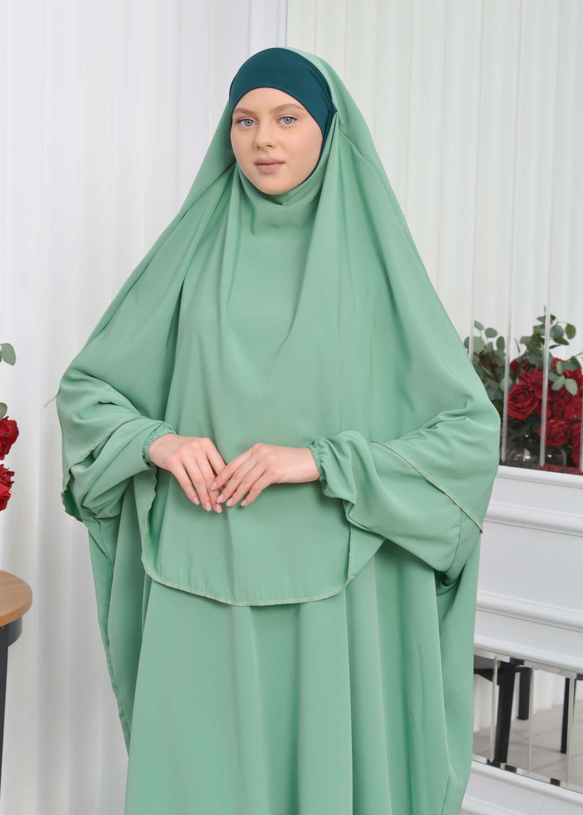 Muslim Wear Hijab Dresses , Womens Clothes Butterfly Hijab Set 2 Pieces 826 - Mint