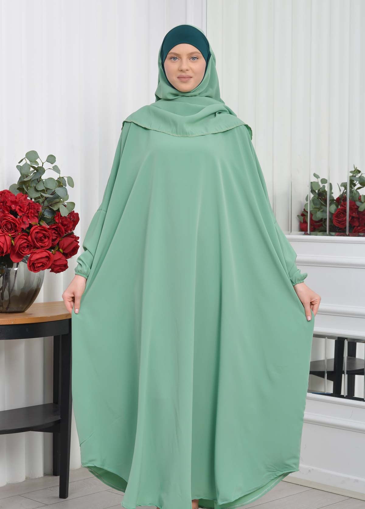 Muslim Wear Hijab Dresses , Womens Clothes Butterfly Hijab Set 2 Pieces 826 - Mint