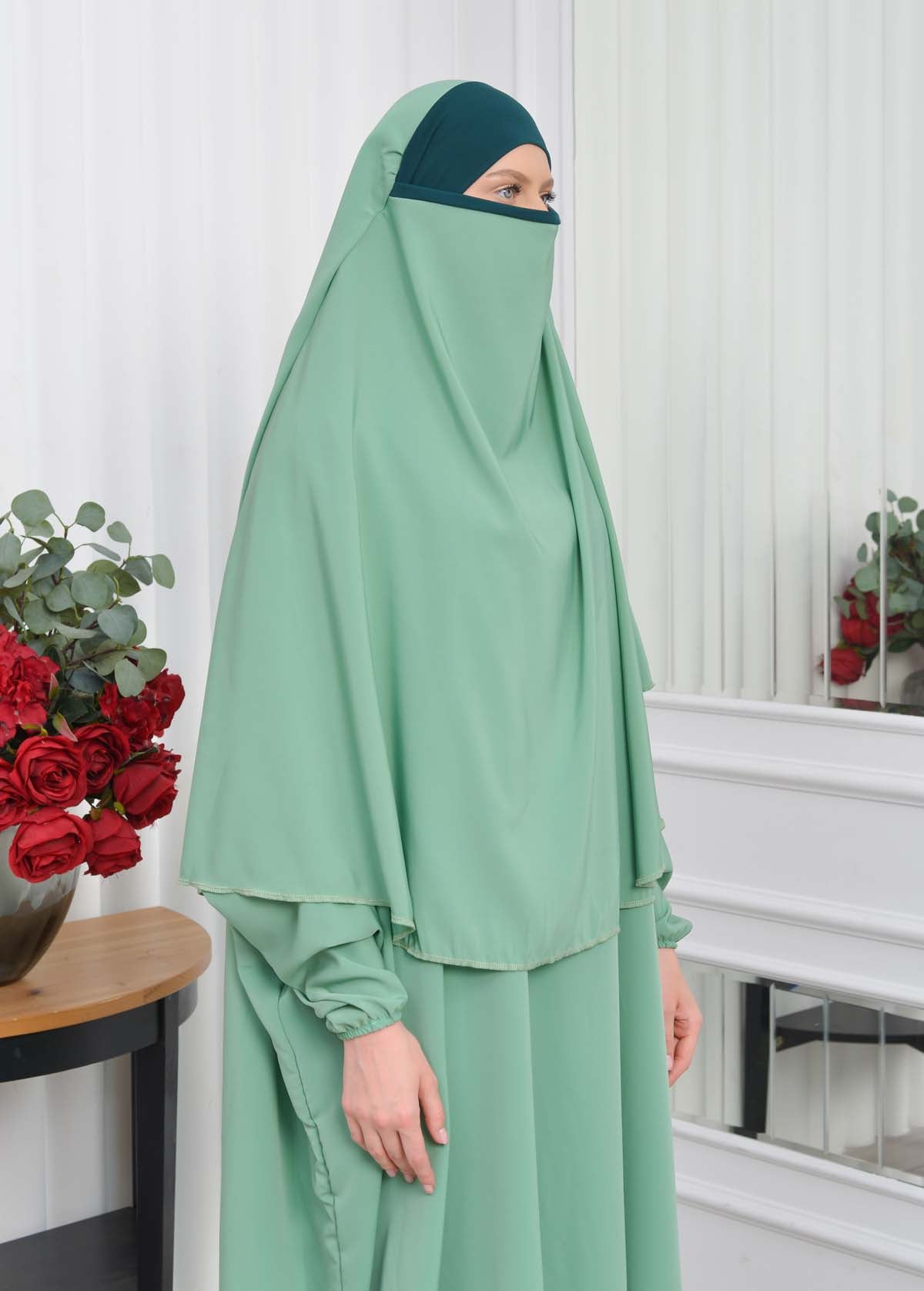 Muslim Wear Hijab Dresses , Womens Clothes Butterfly Hijab Set 2 Pieces 826 - Mint