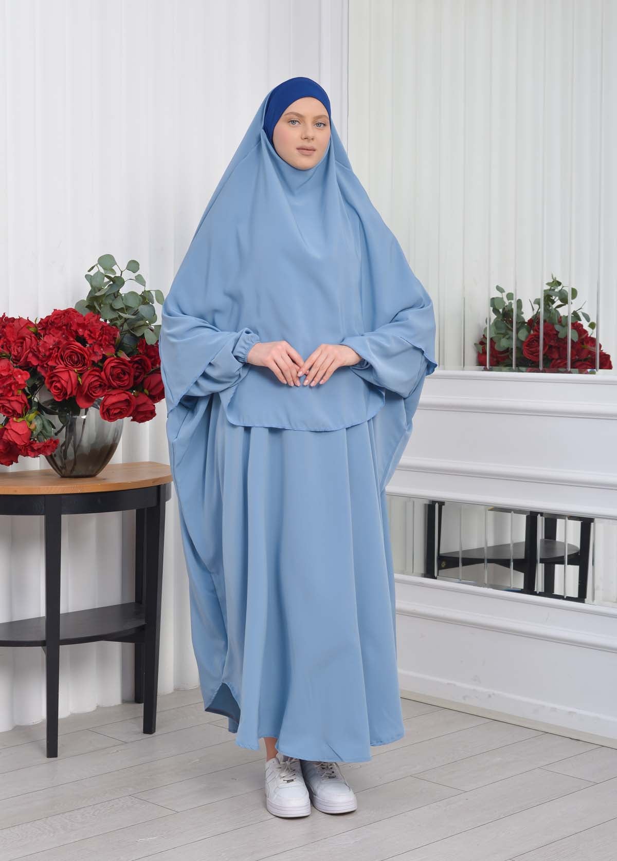 Muslim Wear Hijab Dresses , Womens Clothes Butterfly Hijab Set 2 Pieces 826 - Babyblau