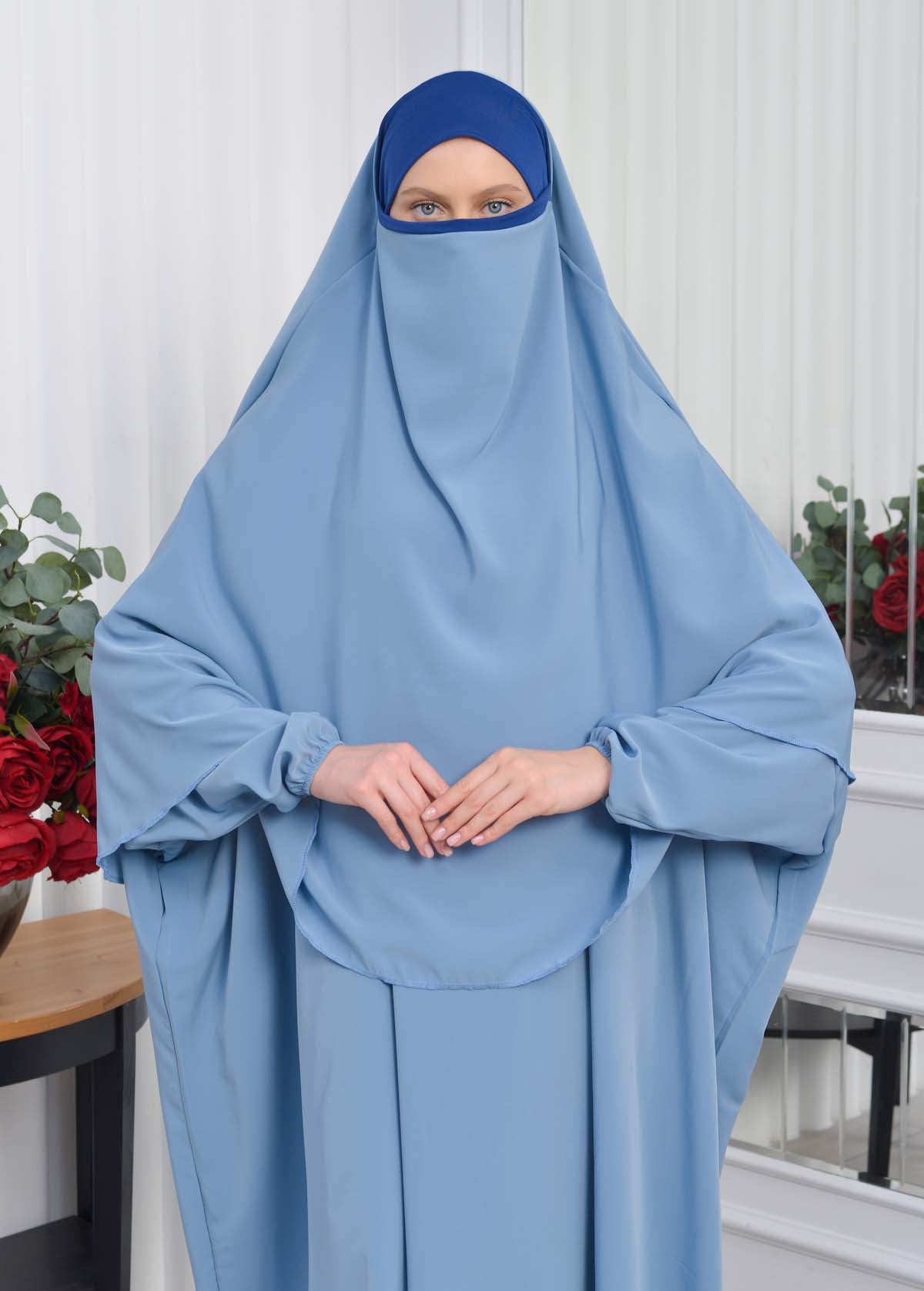 Muslim Wear Hijab Dresses , Womens Clothes Butterfly Hijab Set 2 Pieces 826 - Babyblau