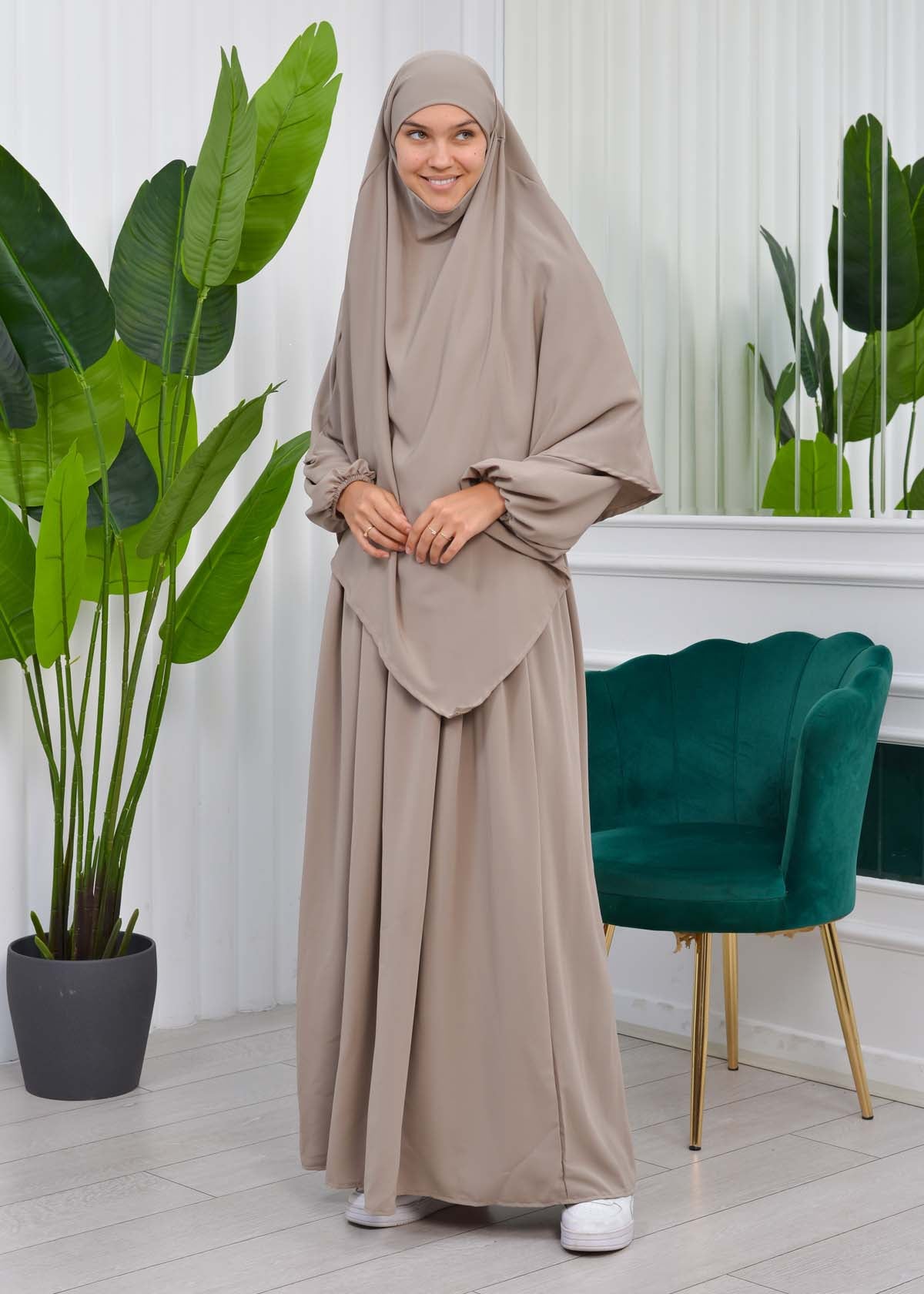 Muslim Hijab Dress set 2 Pieces 829 - Hellbraun