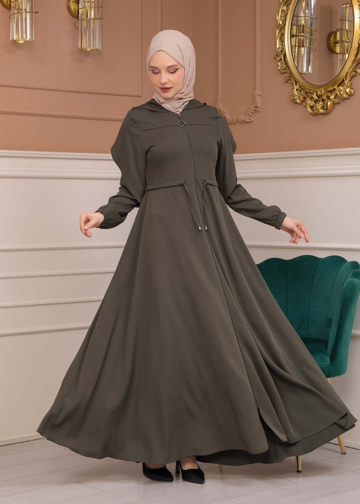 Modest Abaya With Flared Sleeve Detail 677 - Khaki