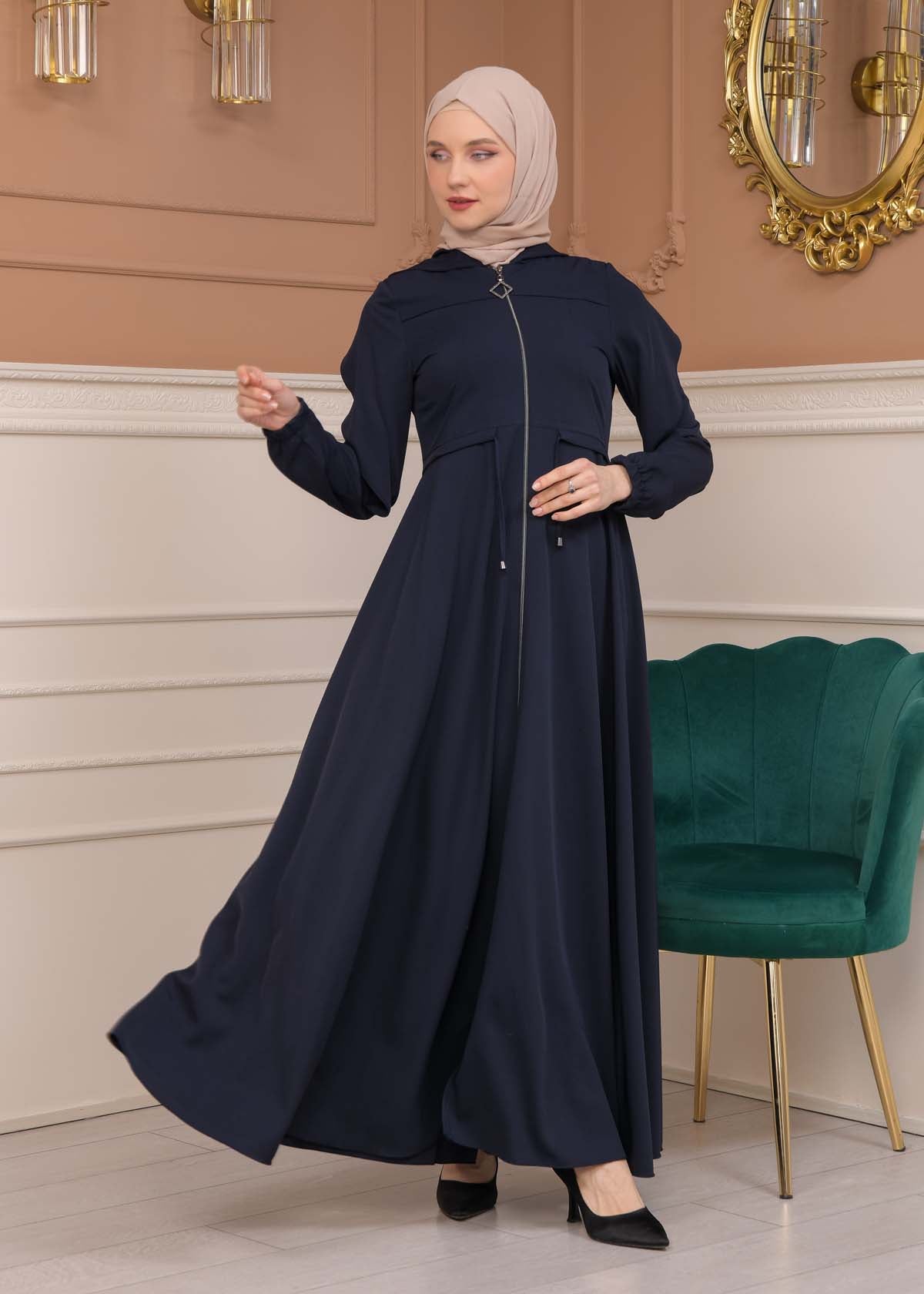 Modest Abaya With Flared Sleeve Detail 677 - Dunkelblau