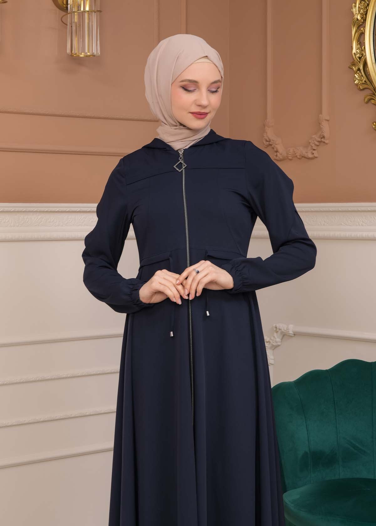 Modest Abaya With Flared Sleeve Detail 677 - Dunkelblau