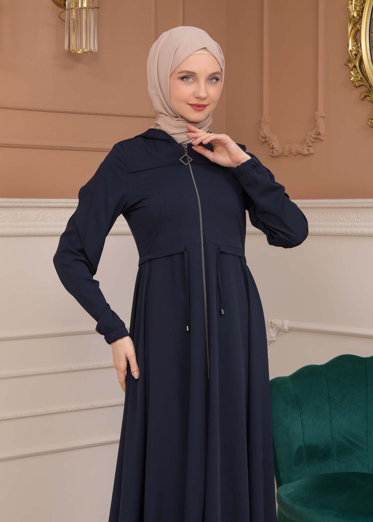 Modest Abaya With Flared Sleeve Detail 677 - Dunkelblau