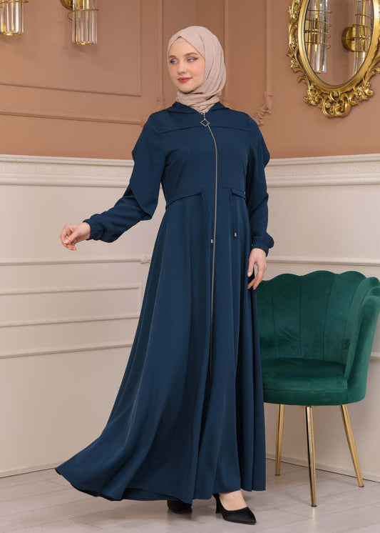 Modest Abaya With Flared Sleeve Detail 677 - Türkis