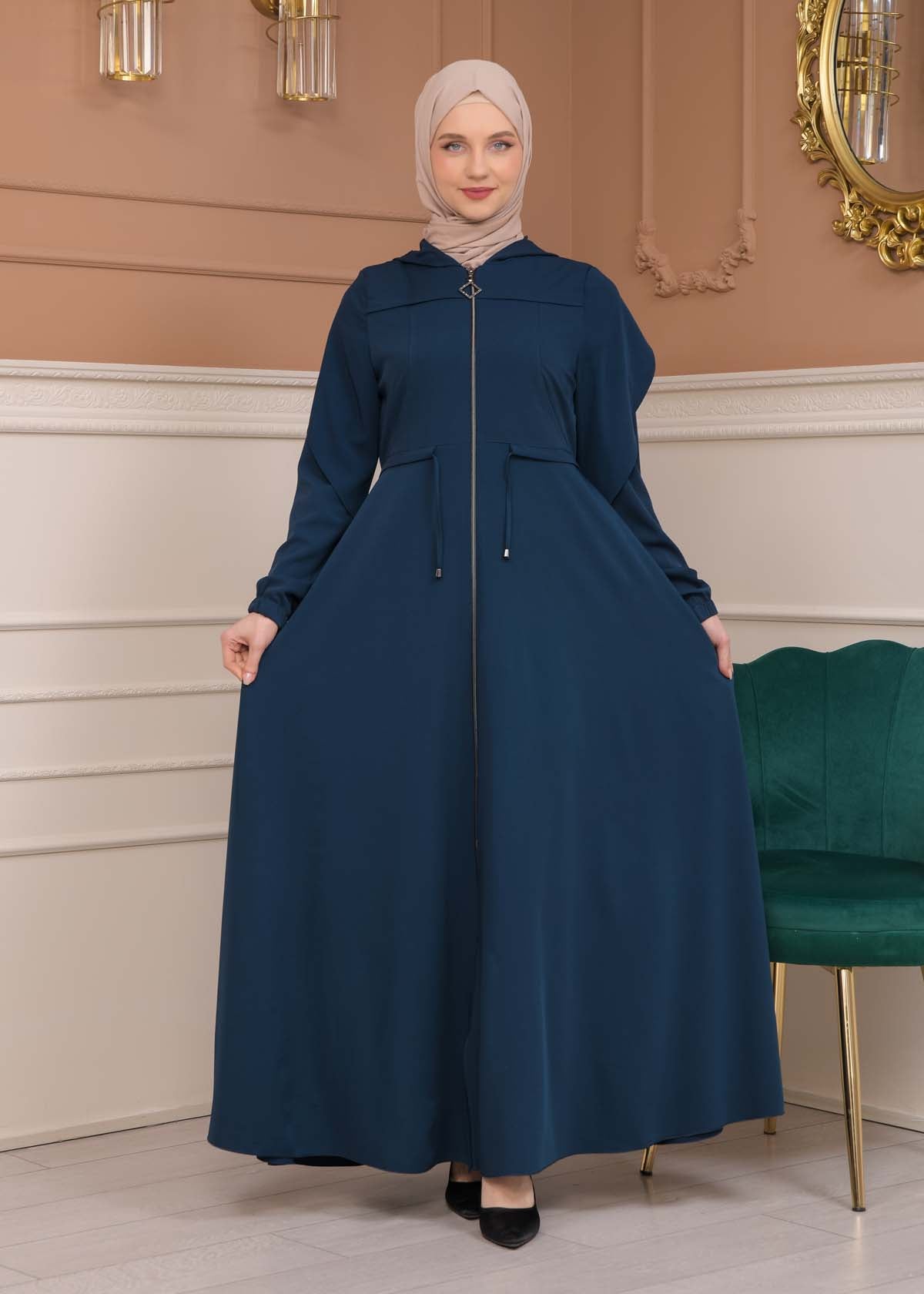 Modest Abaya With Flared Sleeve Detail 677 - Türkis