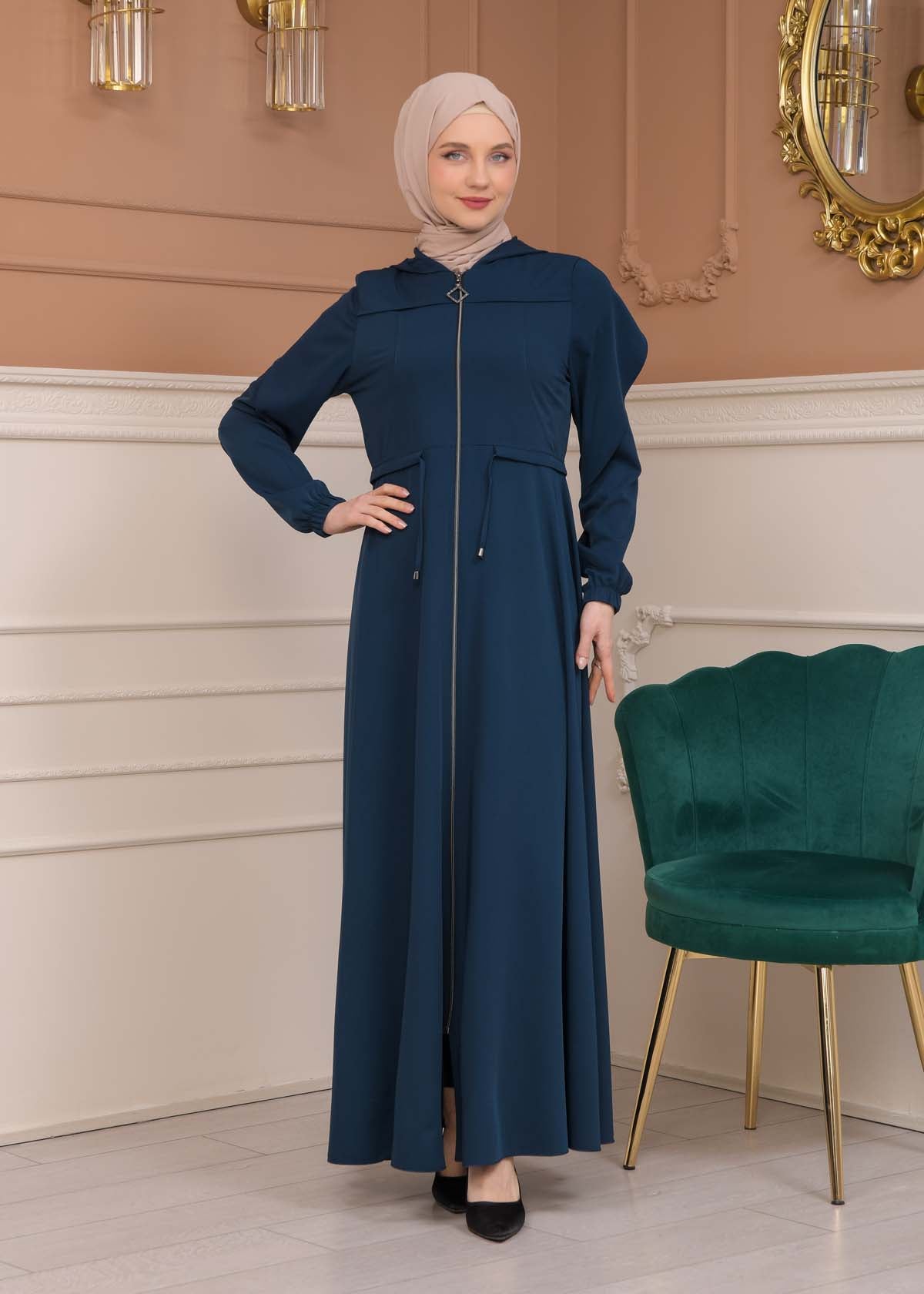 Modest Abaya With Flared Sleeve Detail 677 - Türkis