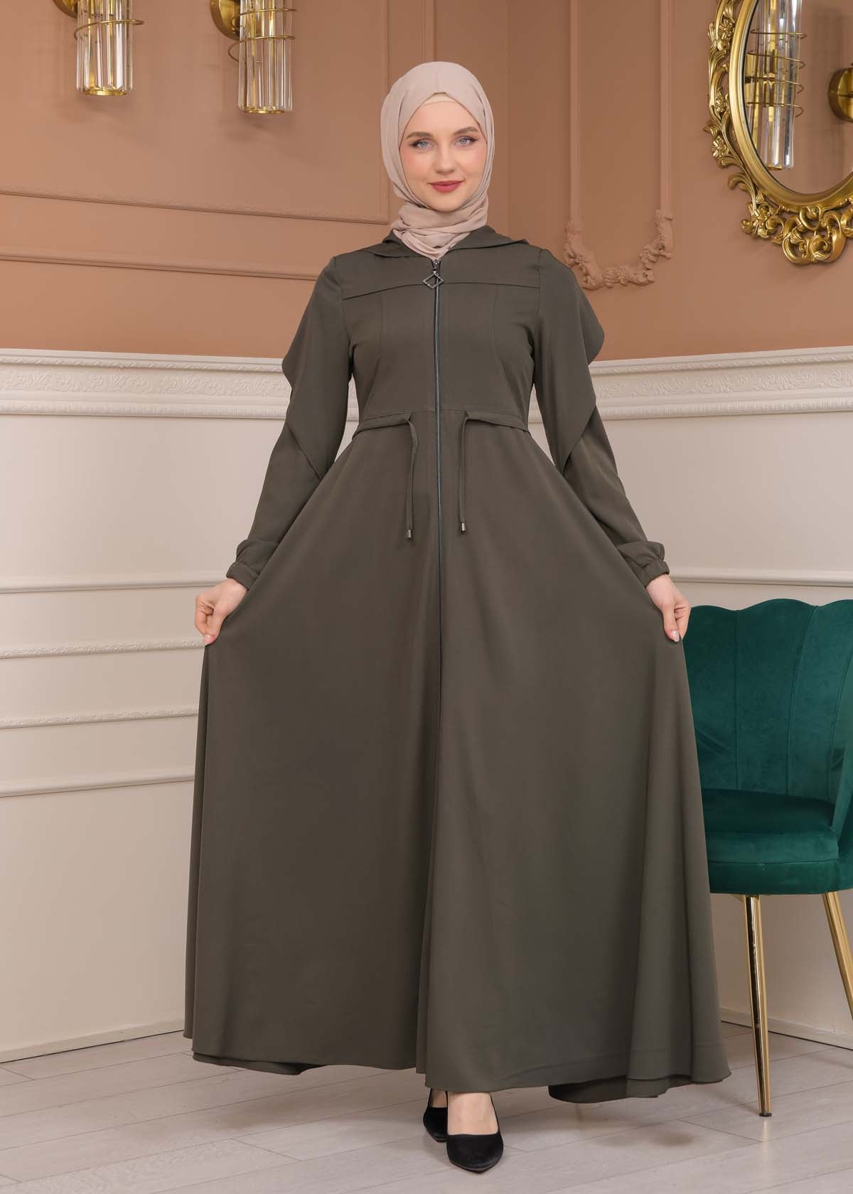 Modest Abaya With Flared Sleeve Detail 677 - Khaki