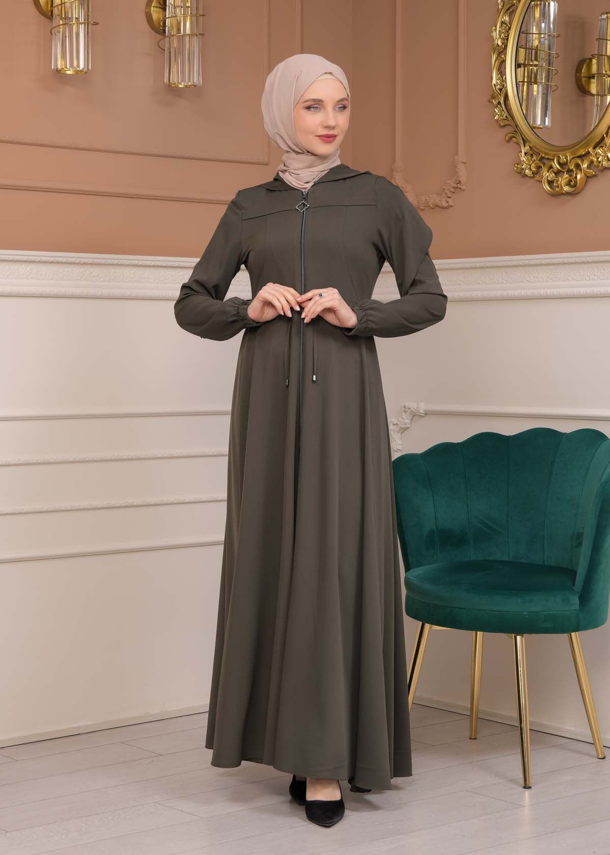 Modest Abaya With Flared Sleeve Detail 677 - Khaki