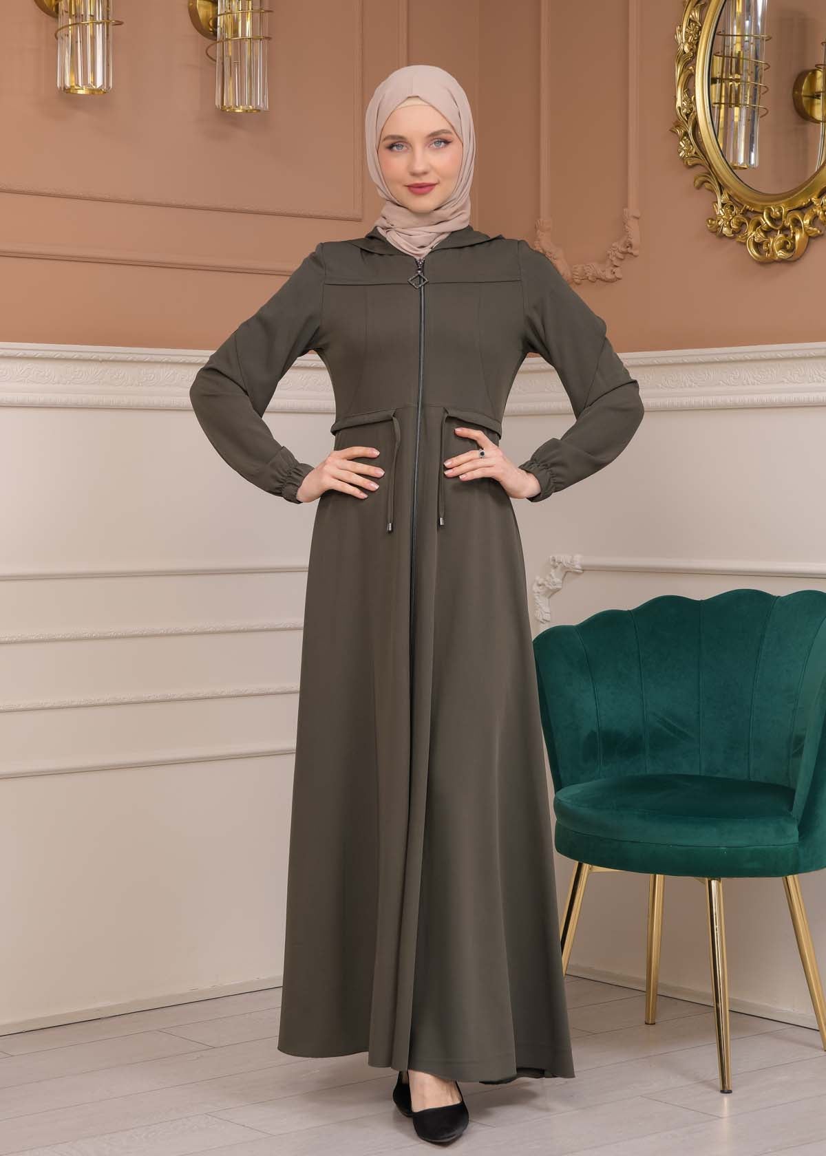 Modest Abaya With Flared Sleeve Detail 677 - Khaki