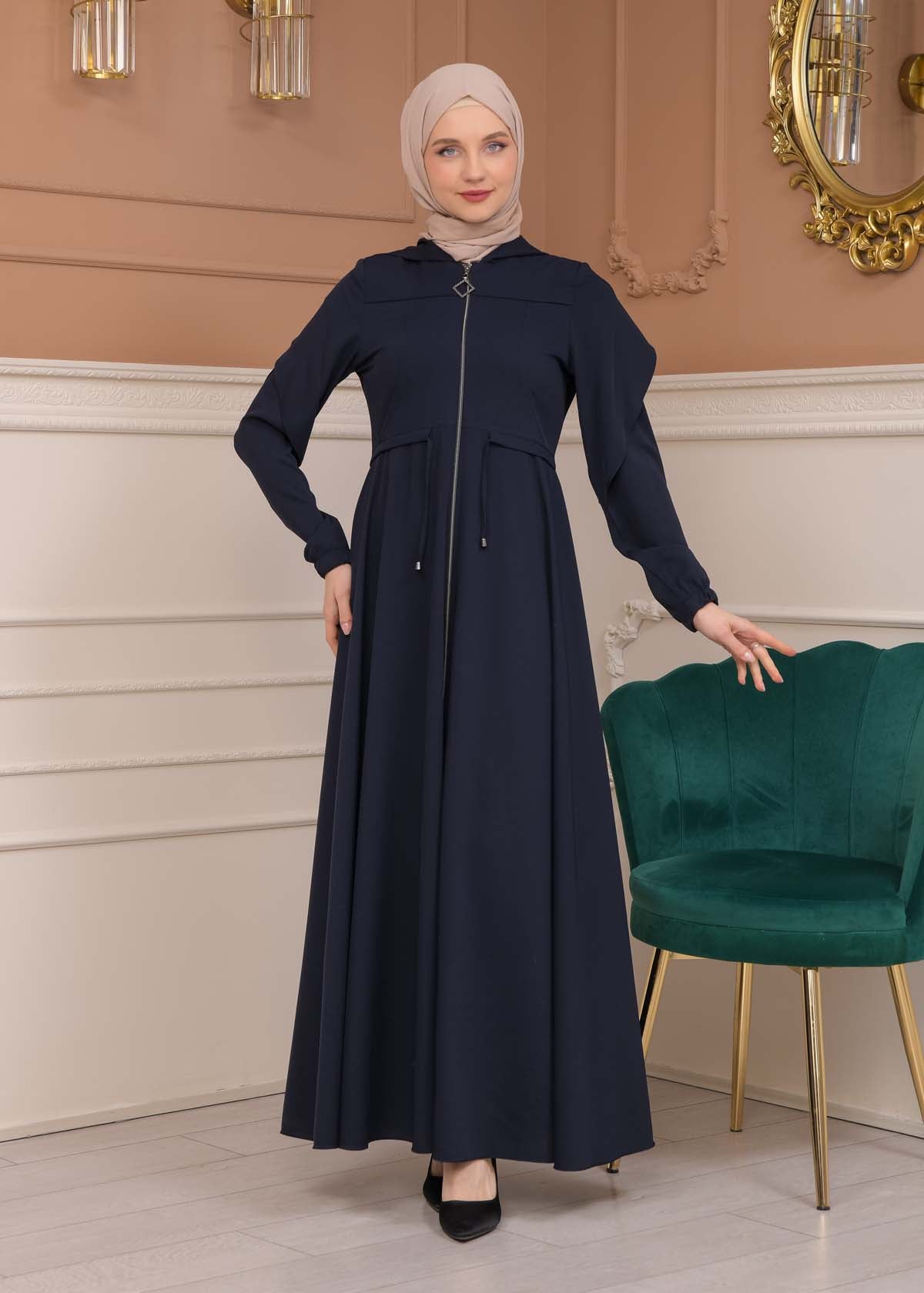Modest Abaya With Flared Sleeve Detail 677 - Dunkelblau