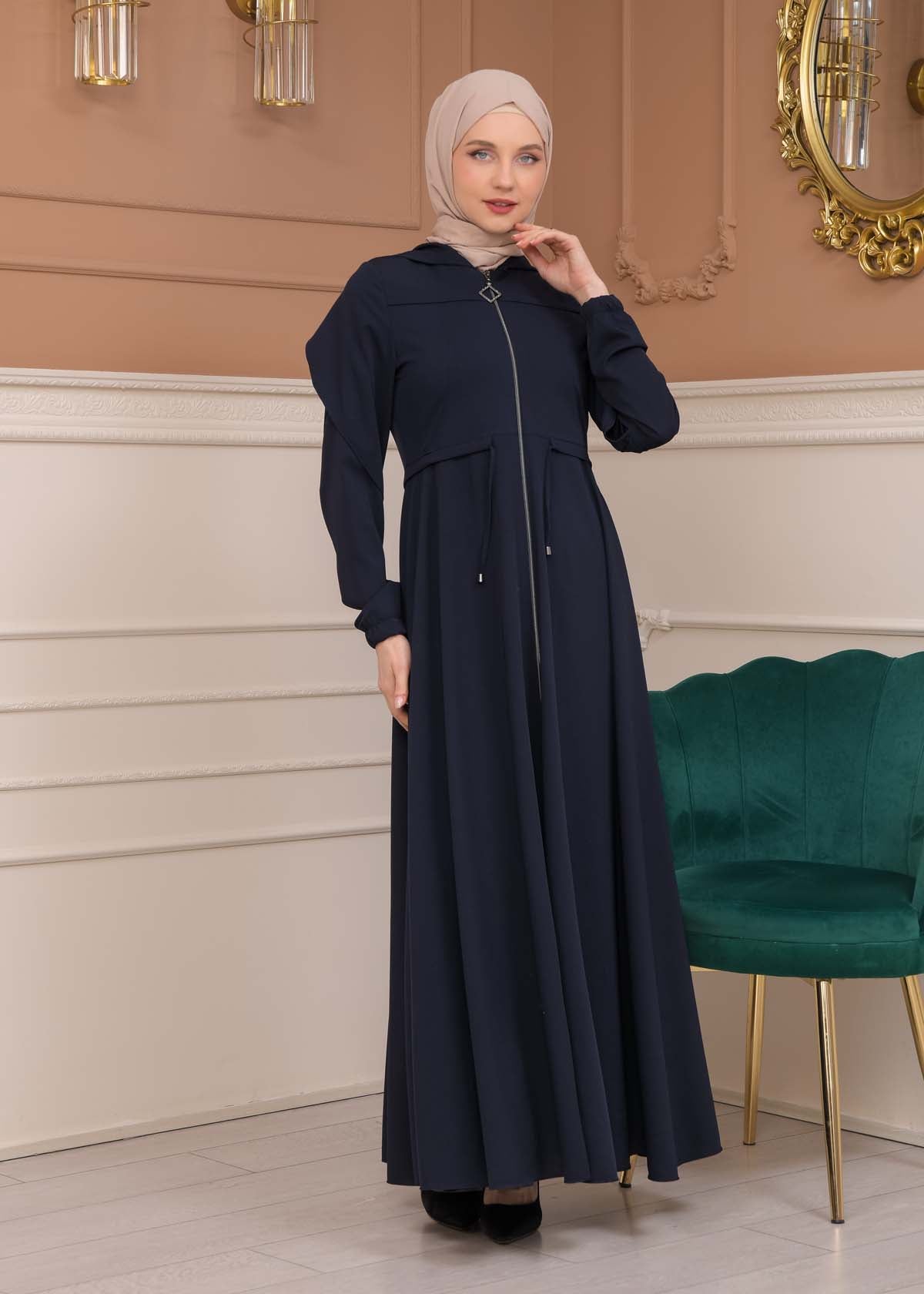 Modest Abaya With Flared Sleeve Detail 677 - Dunkelblau
