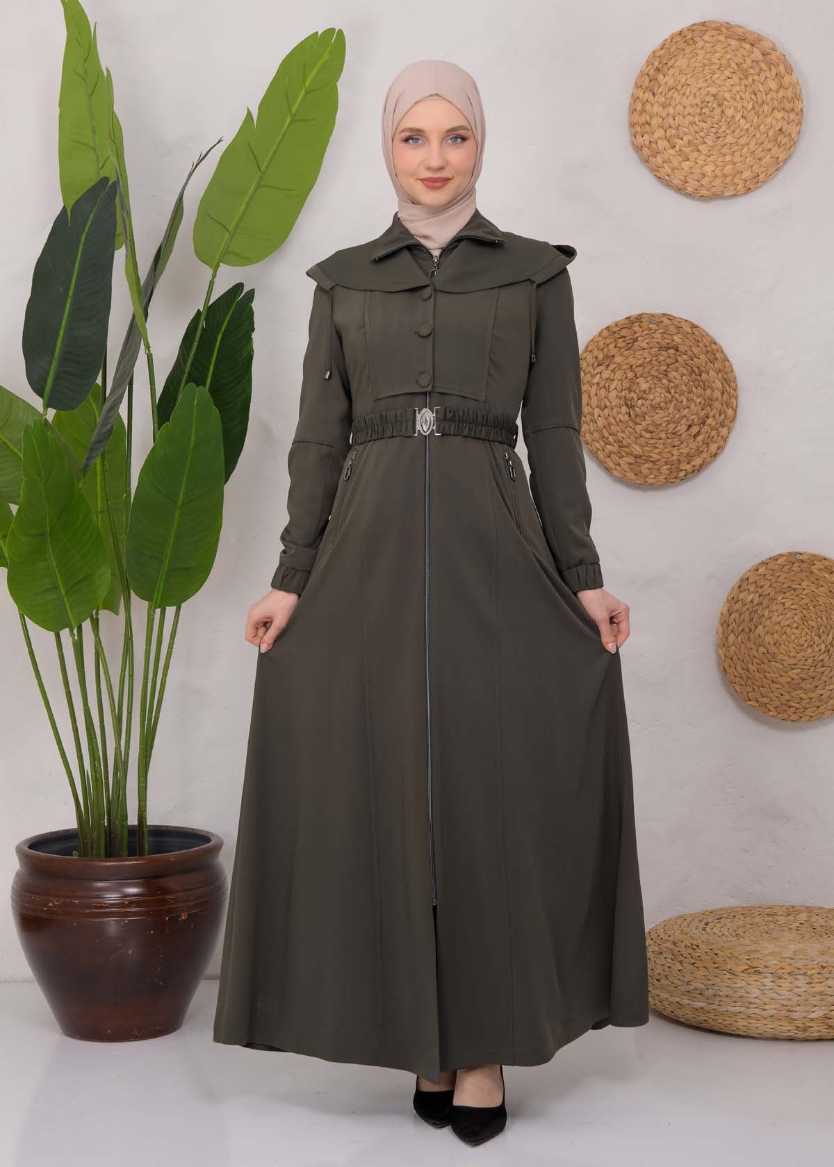 brada-Mantel mit Knopf-Bolero und Kapuze 1220 - Khaki