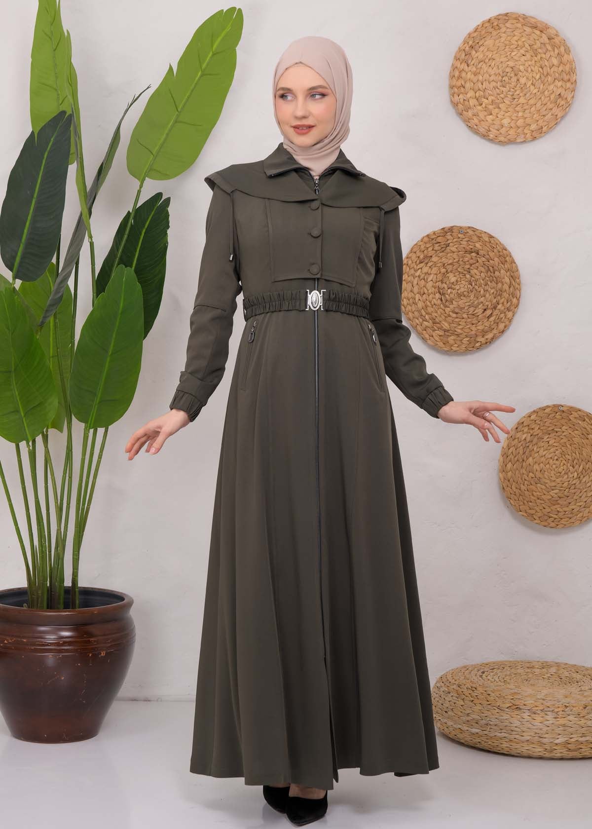 brada-Mantel mit Knopf-Bolero und Kapuze 1220 - Khaki