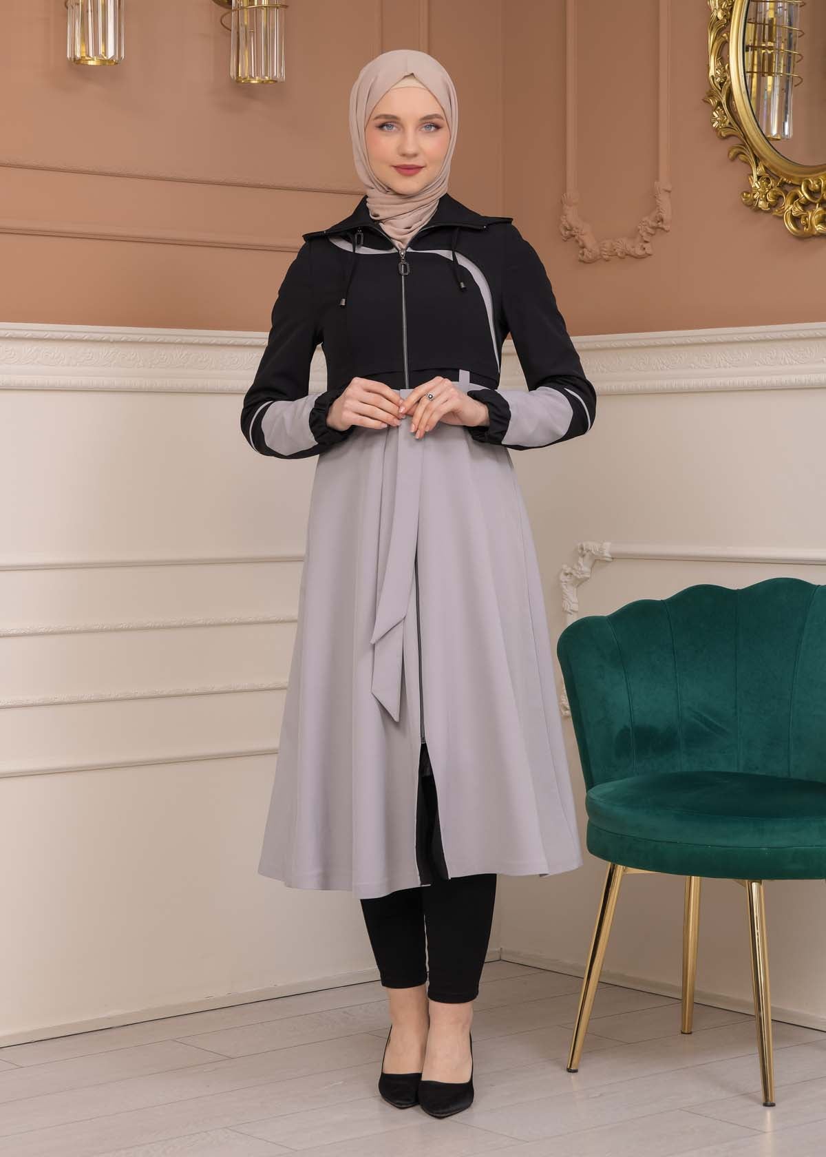 Regen-Trenchcoat aus Fallschirmstoff mit abnehmbarer Kapuze 1223 - Schwarz