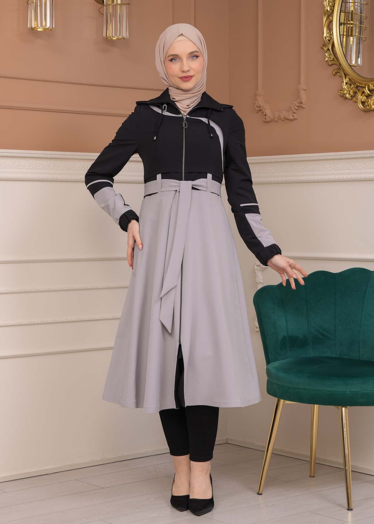 Regen-Trenchcoat aus Fallschirmstoff mit abnehmbarer Kapuze 1223 - Schwarz