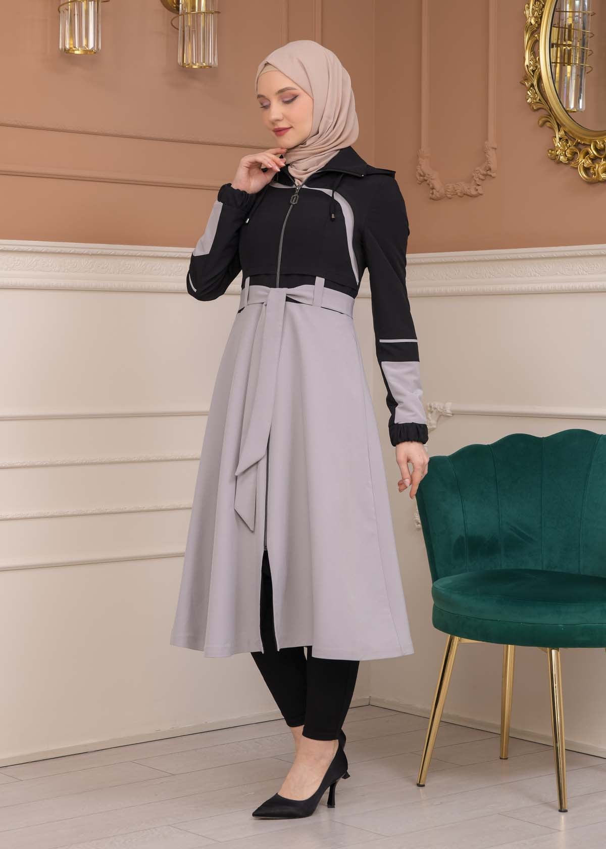 Regen-Trenchcoat aus Fallschirmstoff mit abnehmbarer Kapuze 1223 - Schwarz