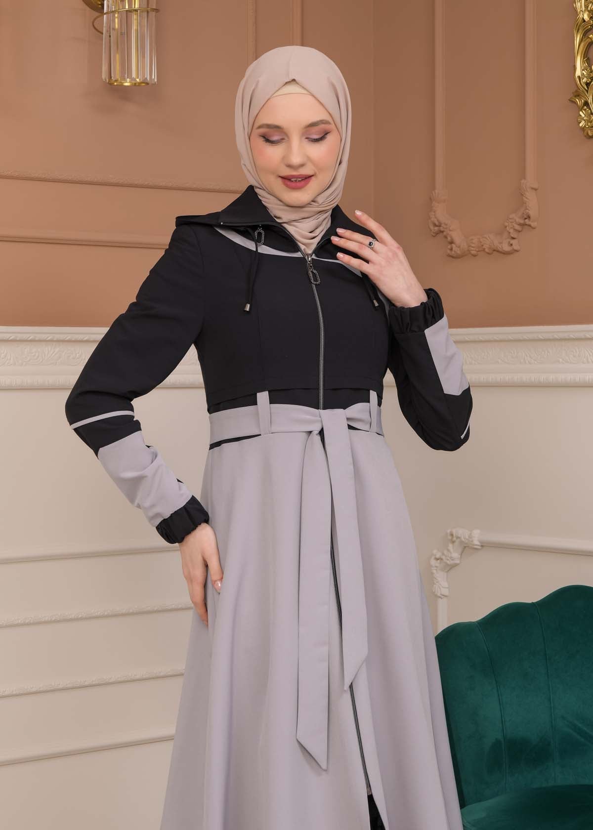 Regen-Trenchcoat aus Fallschirmstoff mit abnehmbarer Kapuze 1223 - Schwarz