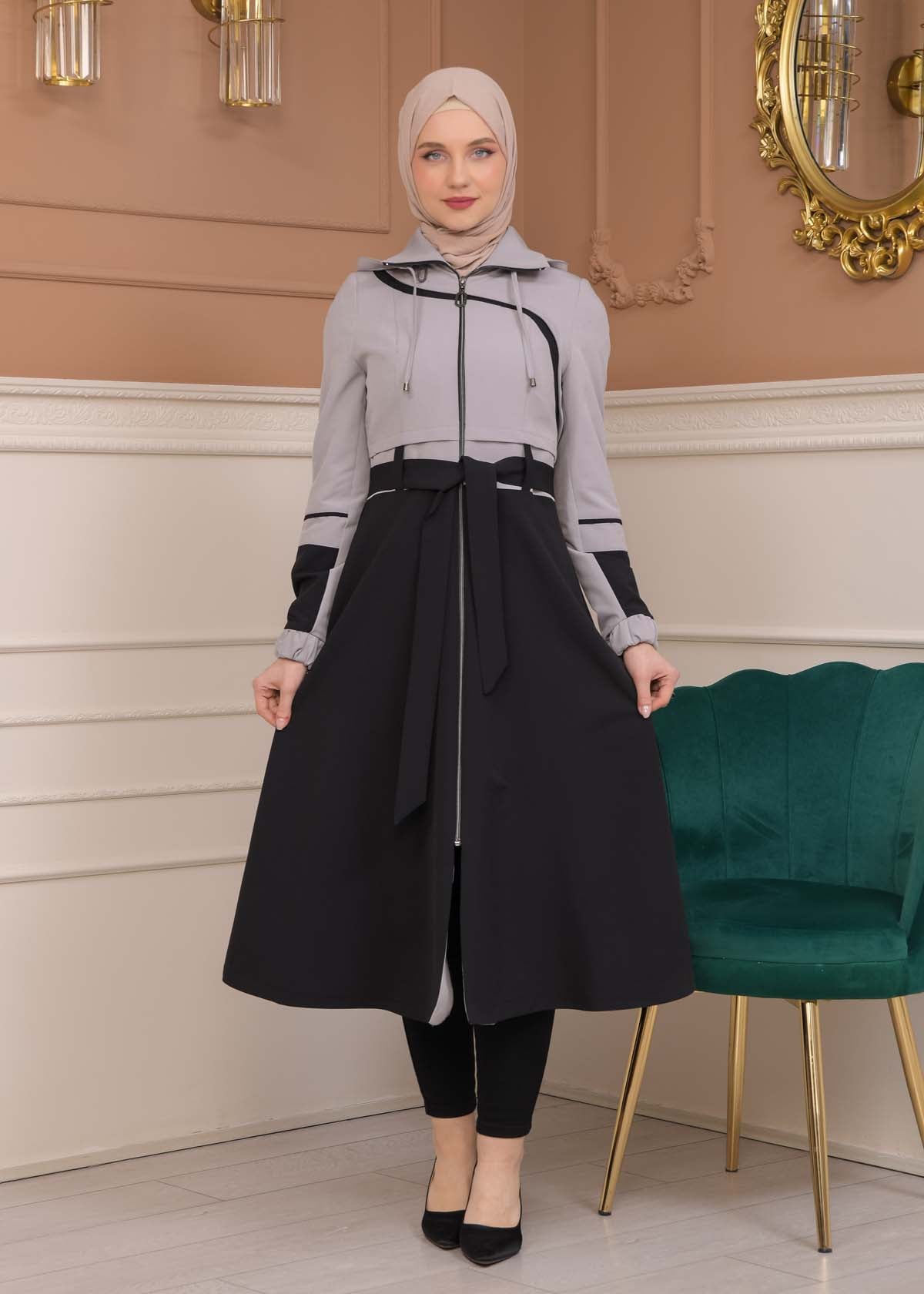 Regen-Trenchcoat aus Fallschirmstoff mit abnehmbarer Kapuze 1223 - Grau