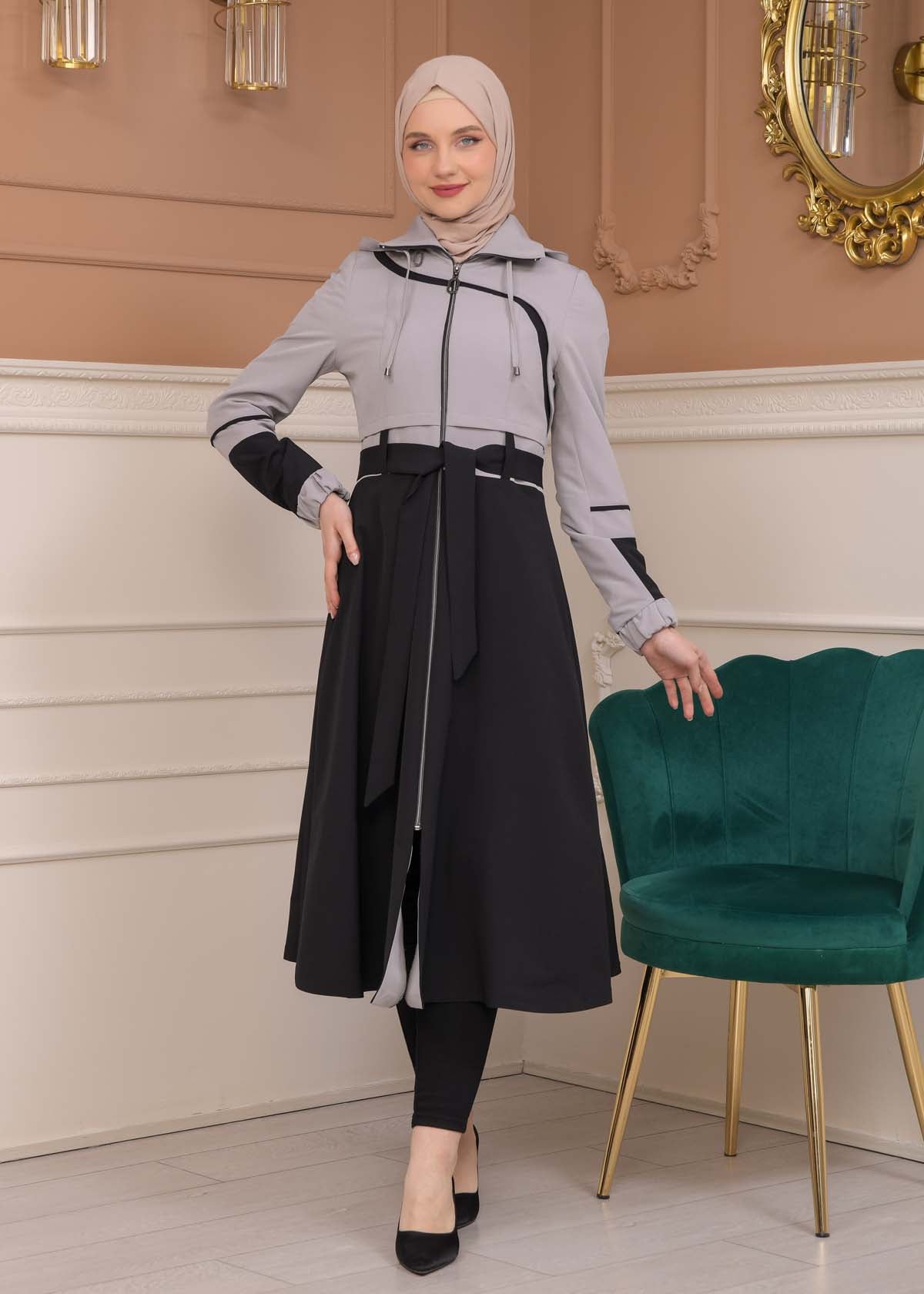 Regen-Trenchcoat aus Fallschirmstoff mit abnehmbarer Kapuze 1223 - Grau